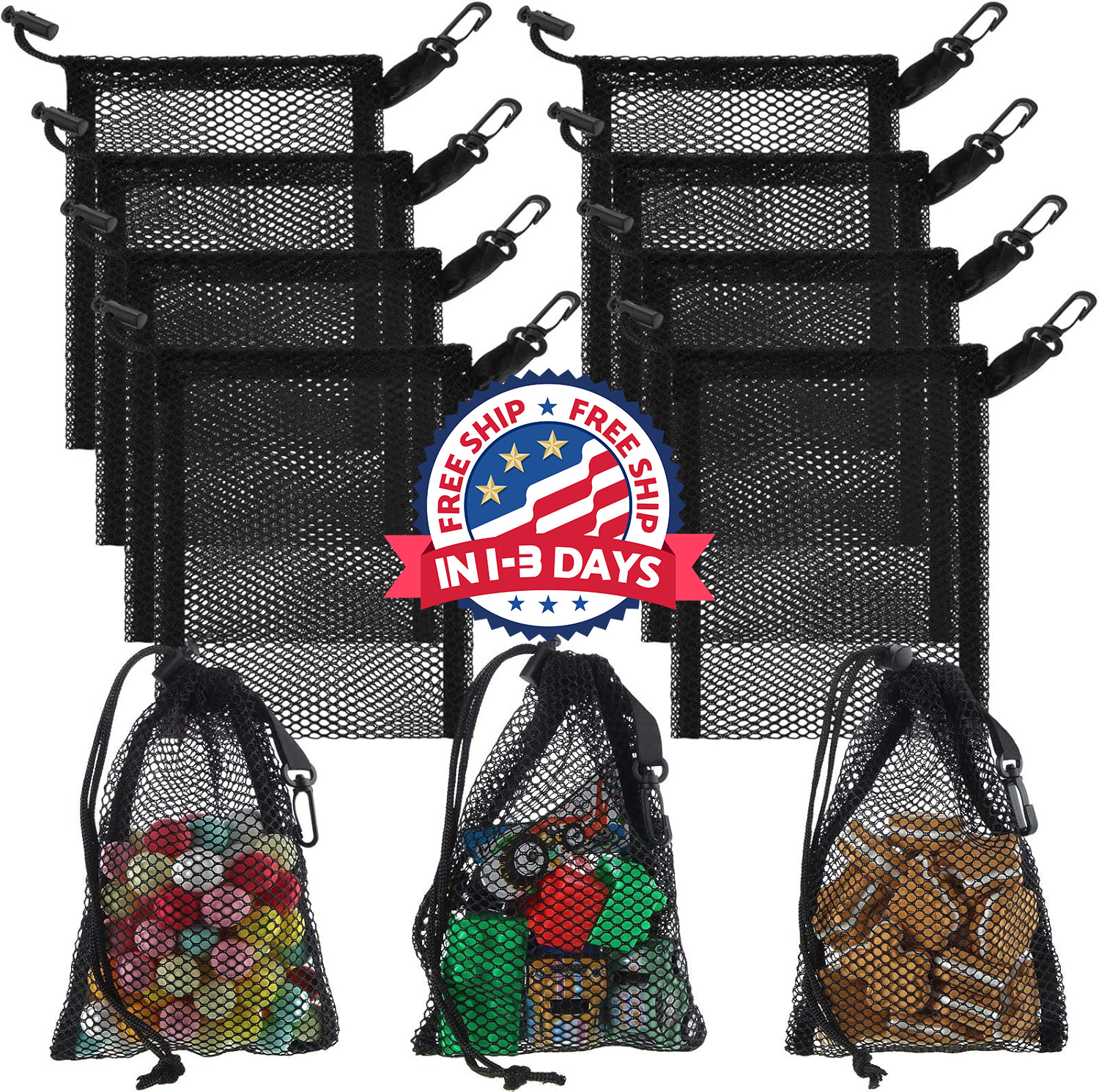 8 bolsas de malla negras con cordón y clips (20 x 15 cm / 7,9 x 6 pulgadas)