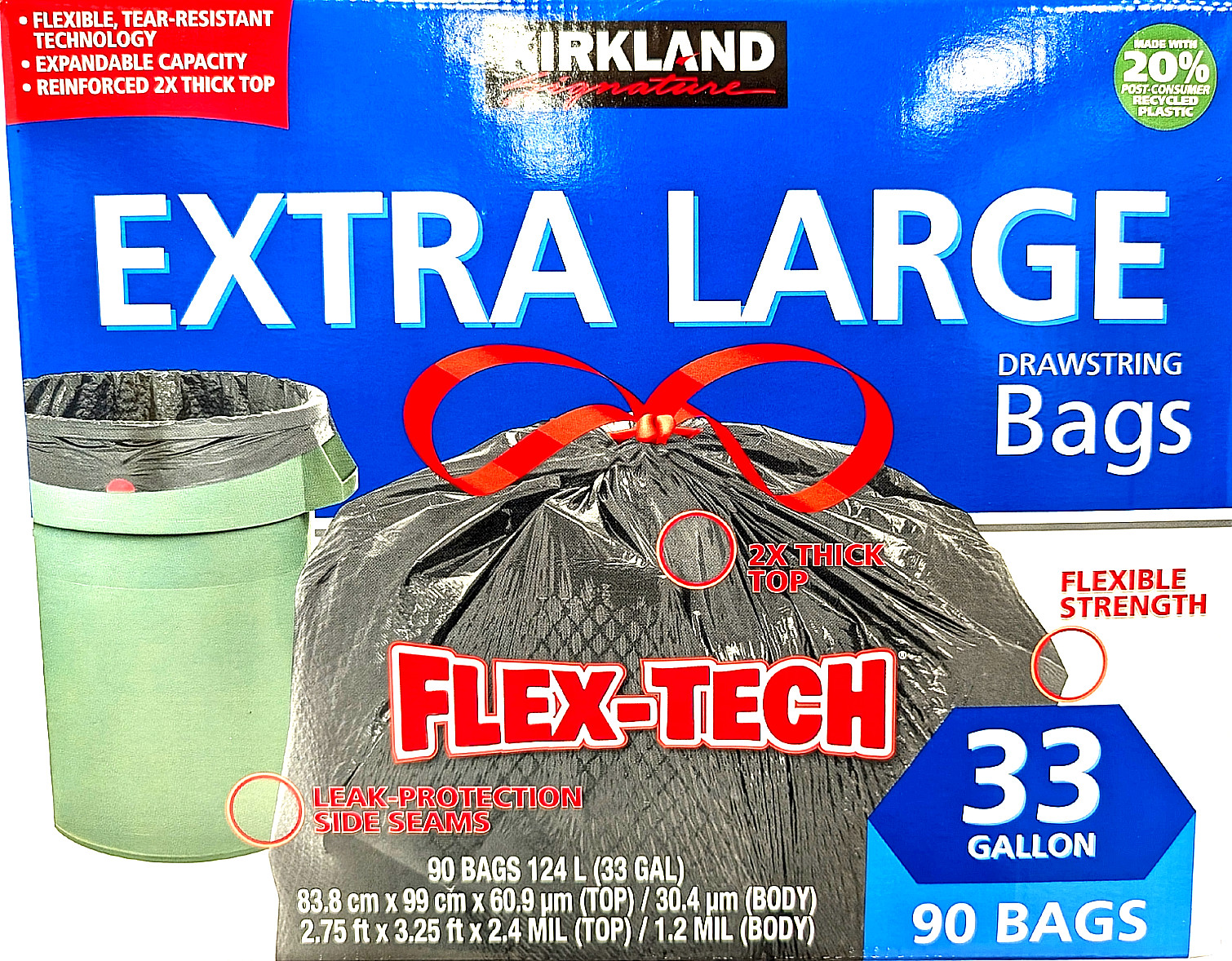 Kirkland Signature Flex-Tech Extra Large Drawstring Bags 33 Gal 90 Bags