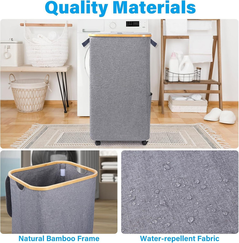 Wheeled Laundry Hamper with Lid, 100L Large Grey Clothes Basket Bamboo Handles