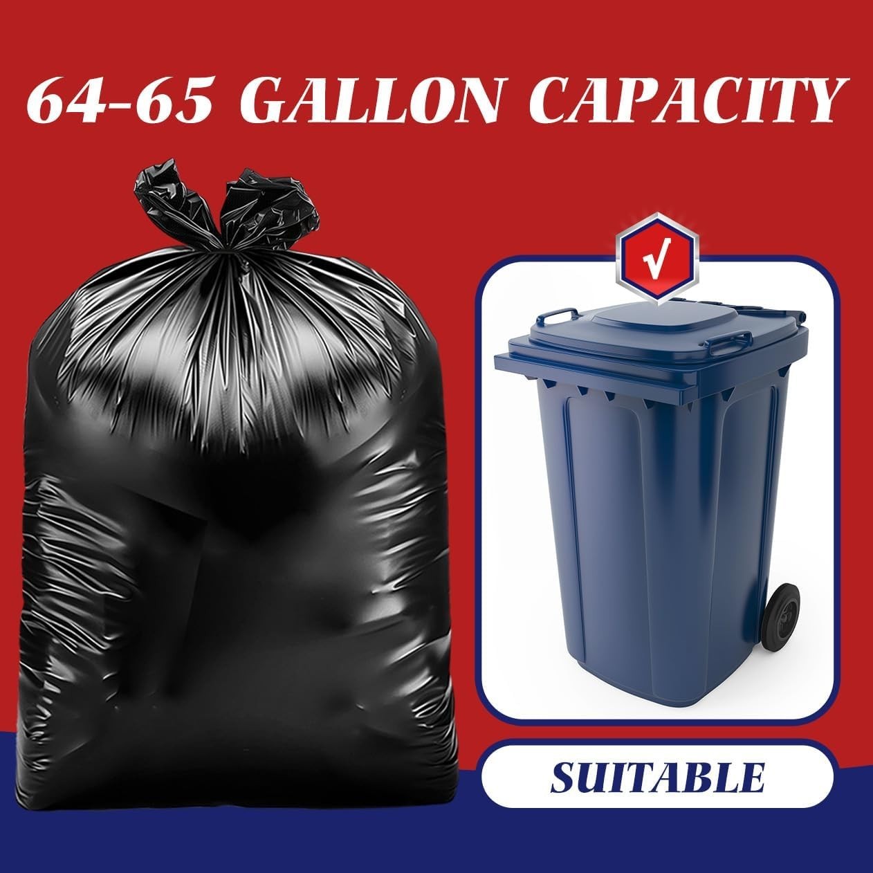 Extra Large Black Garbage Bags 64-65 Gallon, 32 Count for Yard and Construction