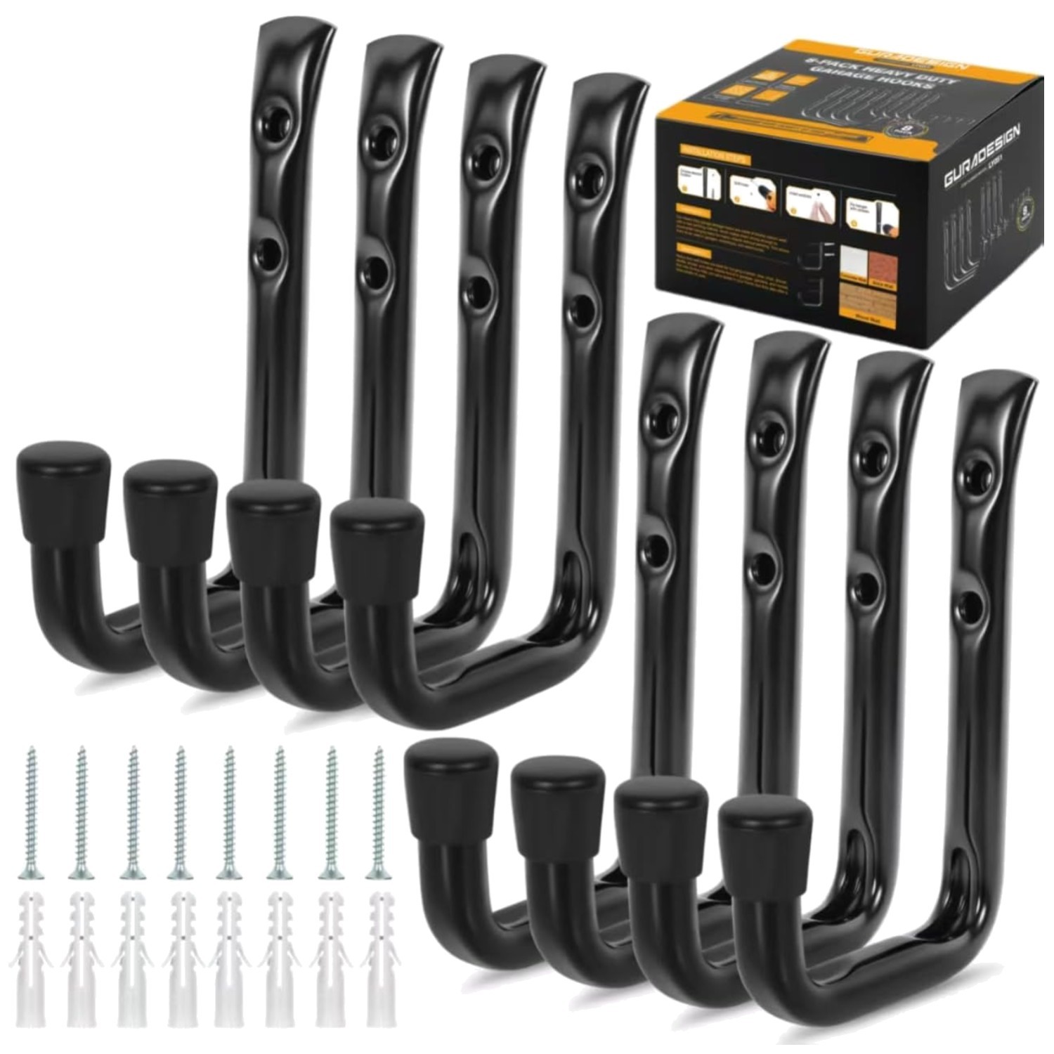 8 Pack Heavy Duty Garage Hooks 50LB J Utility Wall Mount Hooks Metal Black