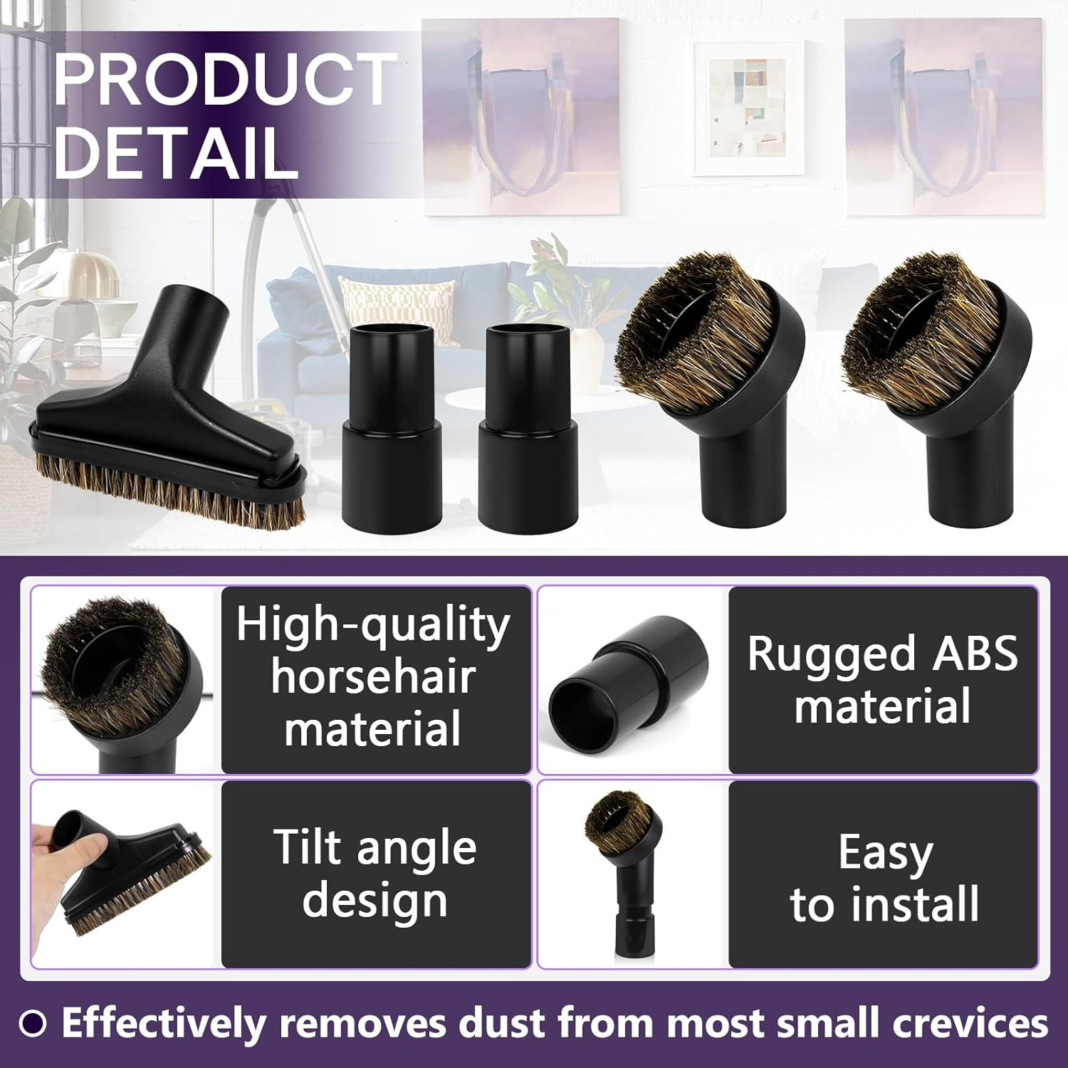 5PCS Horse Hair Brush Vacuum Attachment Set – Black round Vacuum Attachments & B