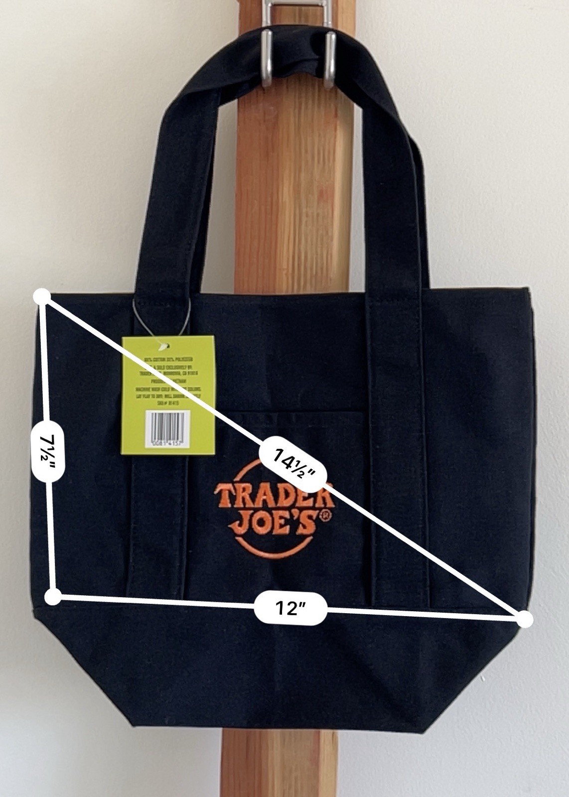 Trader Joe’s Reusable Tote Bag Black Cotton Polyester Solid 12×14.5×7.5 in