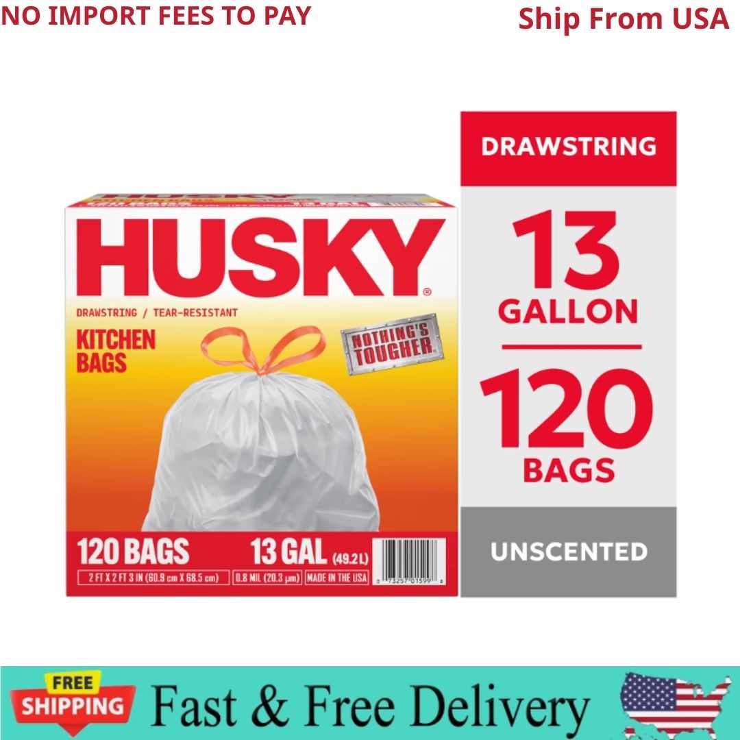 Husky 13 Gallon Tall Kitchen Drawstring Bags, 120 Bags New