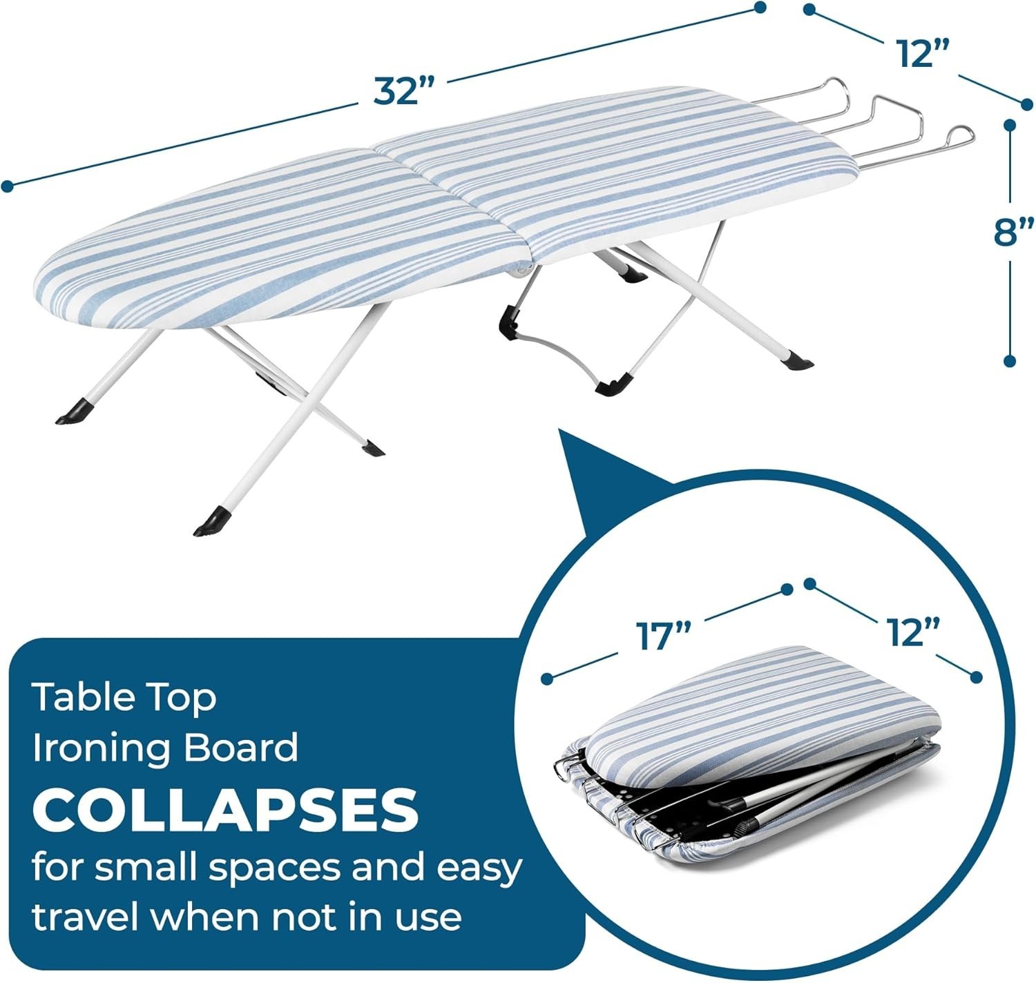 Folding Tabletop Ironing Board with Iron Rest, Blue, 32” L X 12” W, Steel Frame