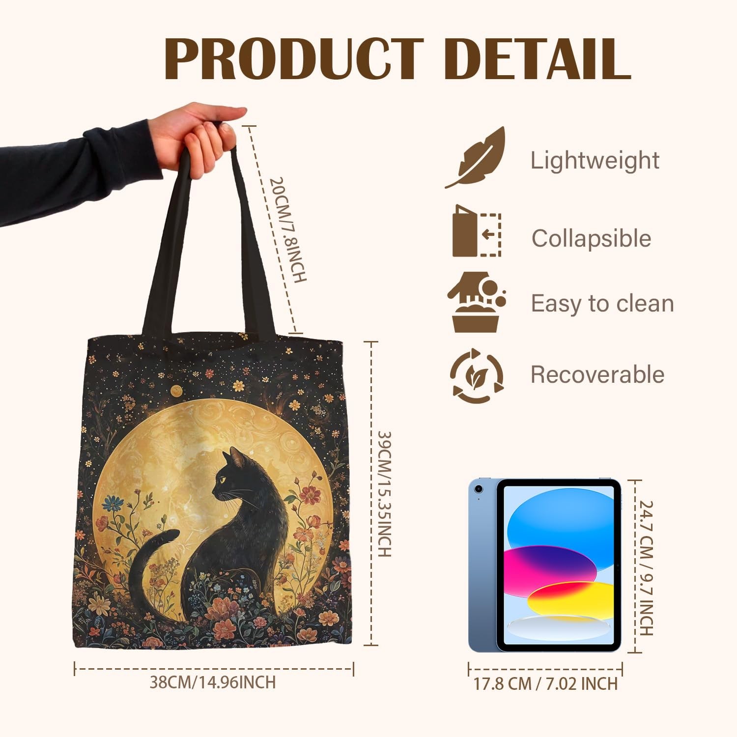 Celestial Witchy Black Cat Tote Bag for , Art Nouveau Floral Moon Cat Canvas …