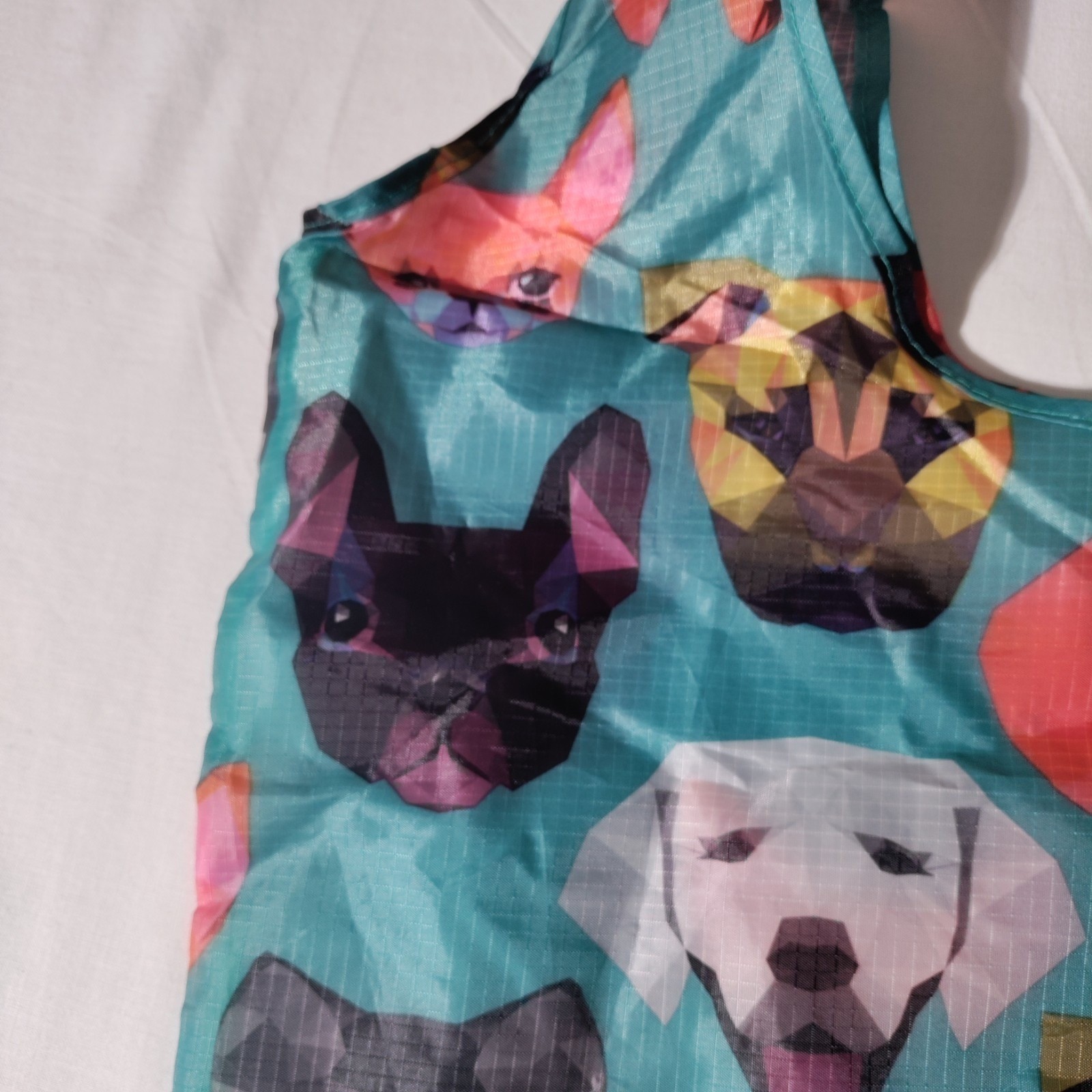 BeeGreen Reusable Nylon Shopping Teal/ Blue Tote Bag with Dog Faces All Over