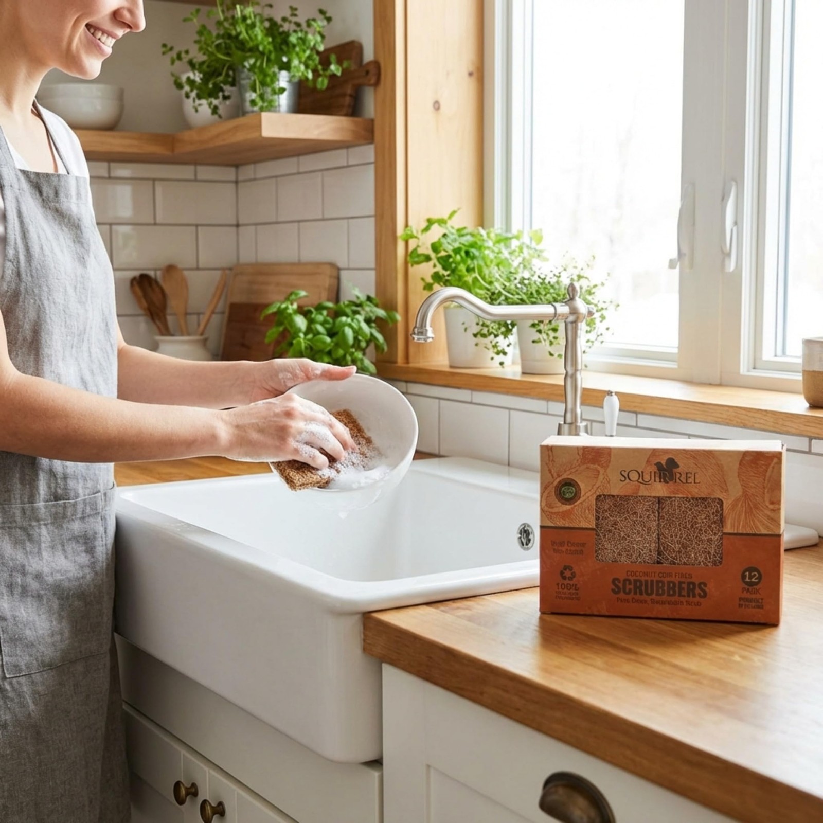 SQUIRREL Natural Coconut Coir Fiber Kitchen Scrubbers 12 Pack Biodegradable N…