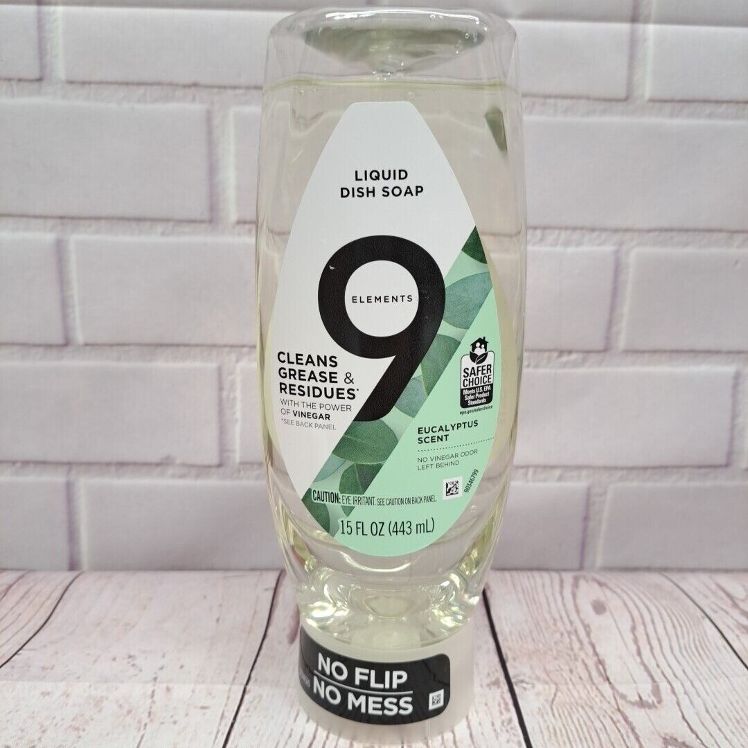 9 Elements Eucalyptus Scent Liquid Dish Soap 15 Fl Oz Grease Residue Cleaner