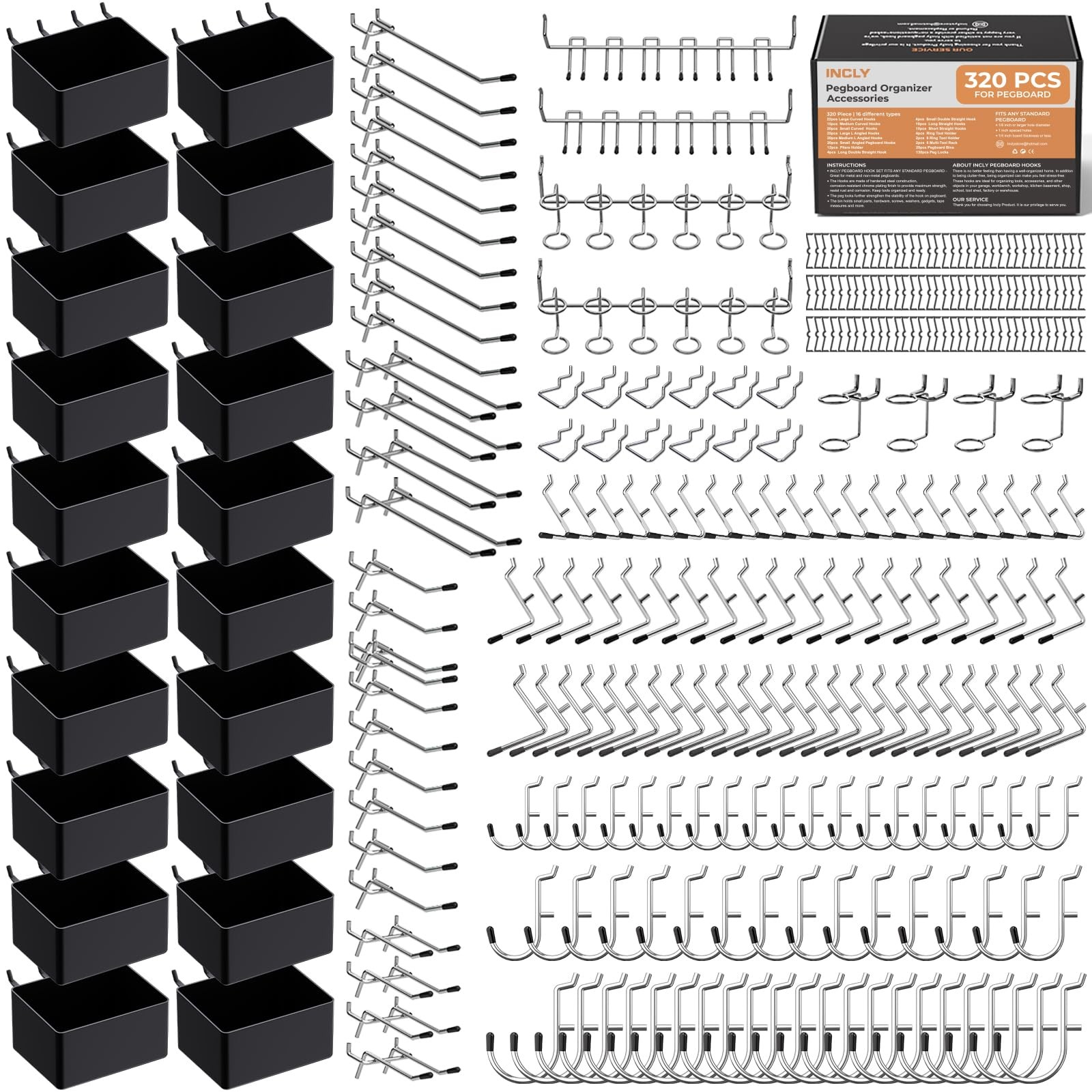 320PCS Pegboard Accessories Organizer Kit Hooks 20PCS Bins Fit 1/8 or 1/4 inch