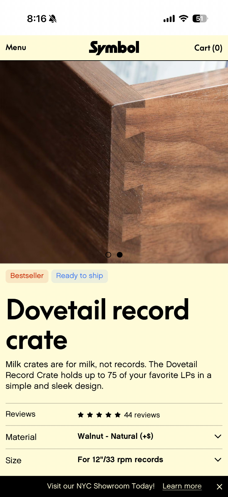 Record LP Crate, Storage Box, Solid Walnut, Dovetail Joinery, Symbol Audio