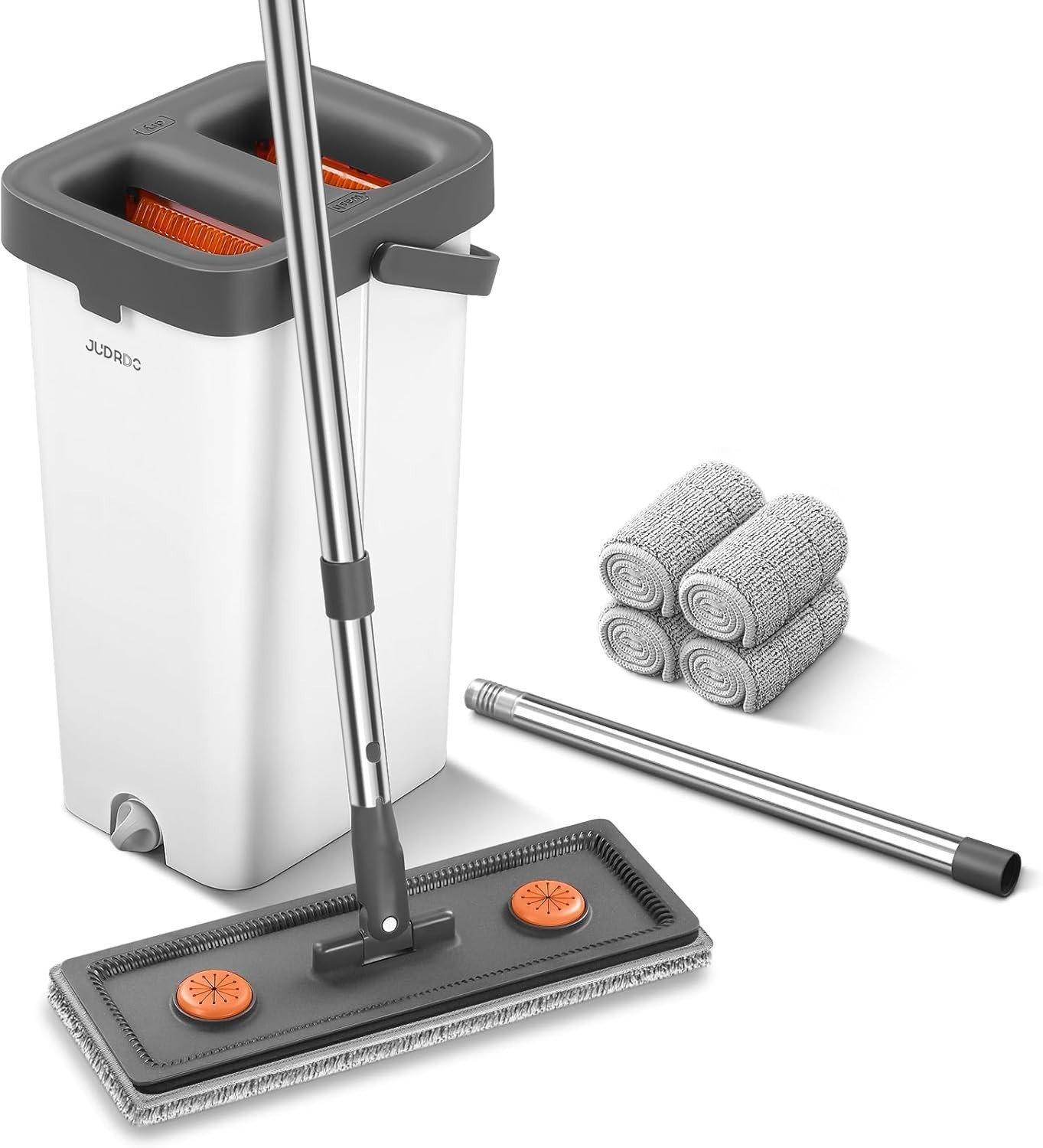 Flat Mop Bucket Set Wringer 61in Handle 4 Microfiber Pads 360 Spin Floor Cleaner