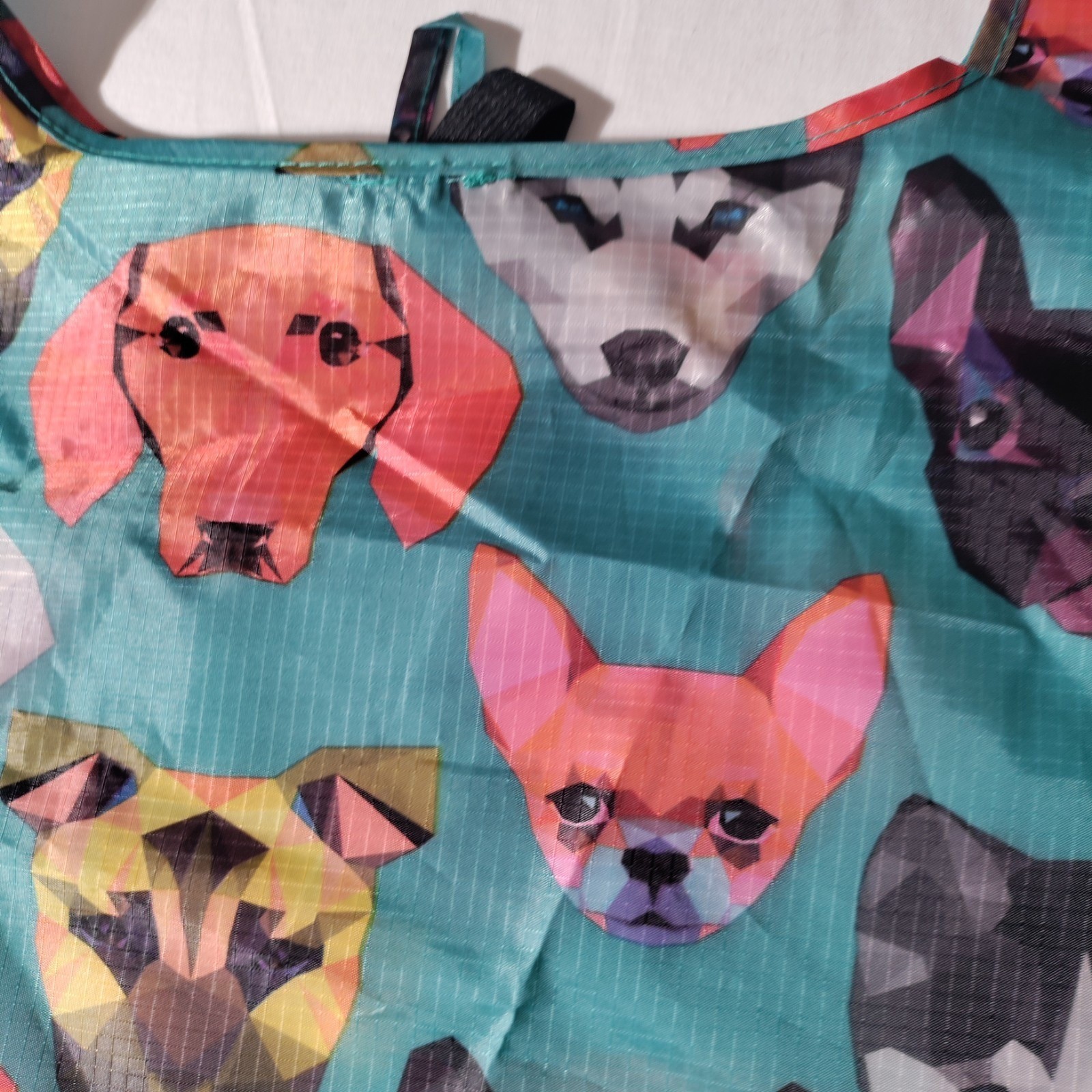 BeeGreen Reusable Nylon Shopping Teal/ Blue Tote Bag with Dog Faces All Over