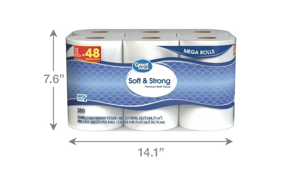 Great Value Soft & Strong Toilet Paper 12 Mega Rolls 380 Sheets Roll