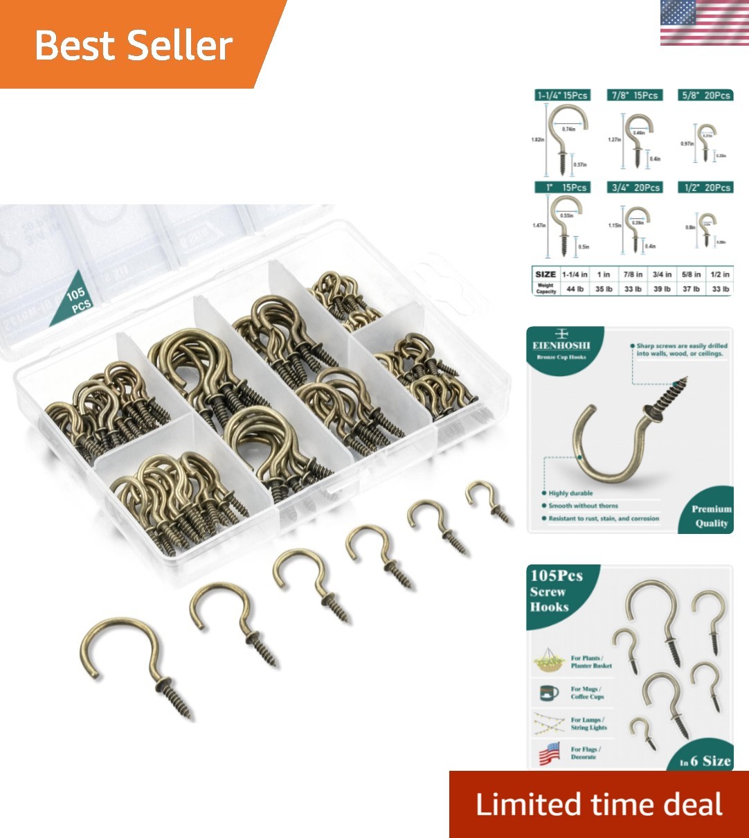 105 Pcs Screw Hooks, 6 Sizes Bronze Cup Hooks, Screw Hooks for Hanging, Metal…
