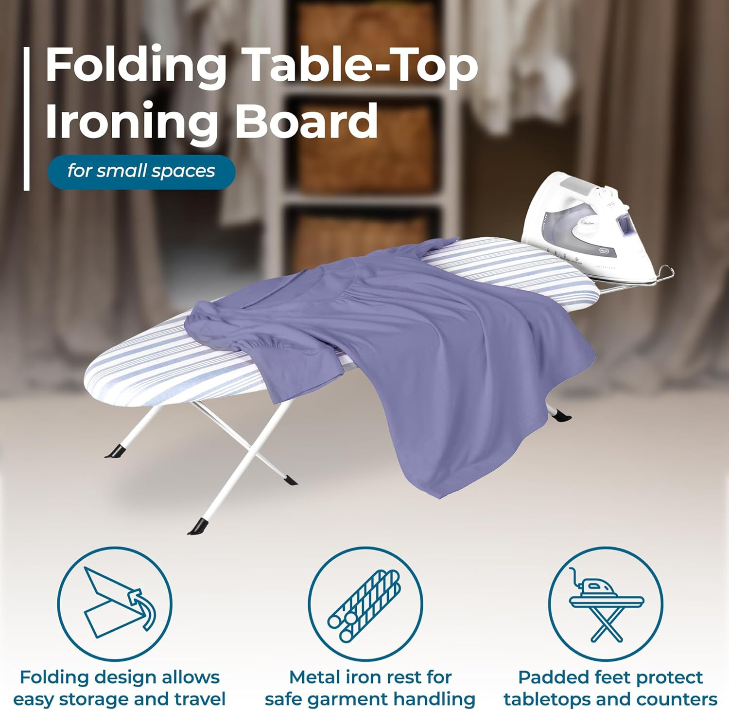 Honey-Can-Do Folding Tabletop Ironing Board with Iron Rest, Blue, 32” L X 12” W