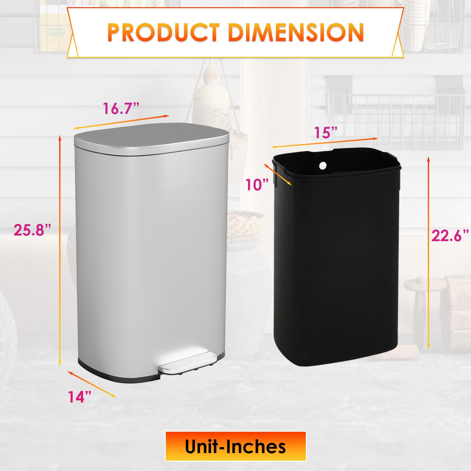 13 Gallon/50 Liter Trash Can with Lid Step, Fingerprint-Proof Kitchen Trash Bin