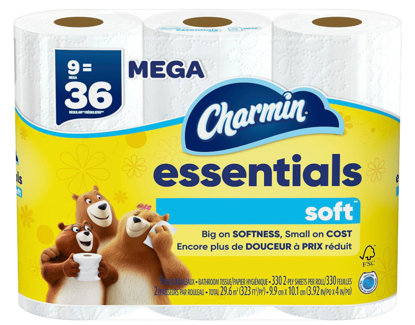 Charmin Essentials Soft Toilet Paper, 9 Mega Rolls = 36 Regular Rolls