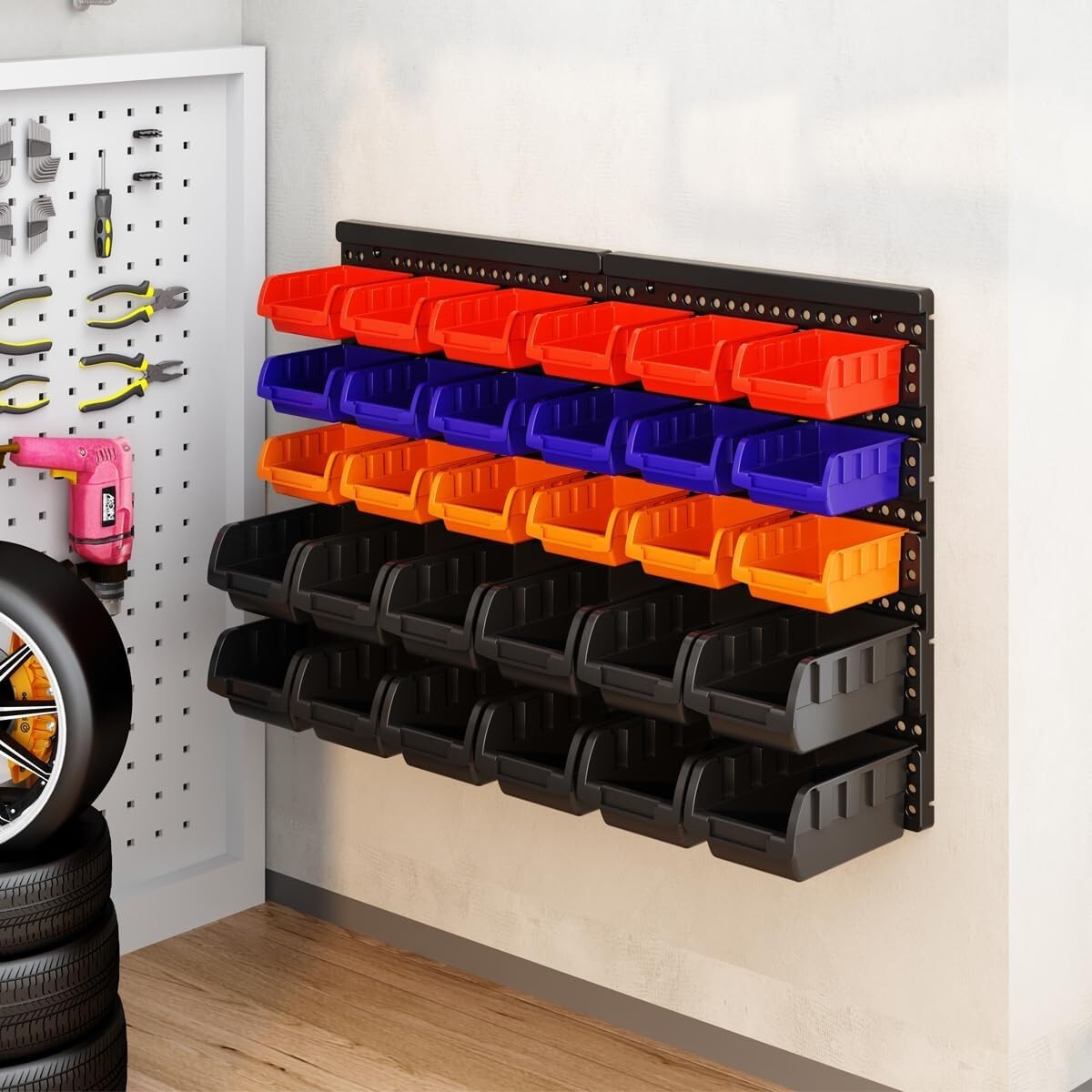 Wall Mounted Storage Bins Parts Rack 4 Colors 30PCS Bin Organizer Garage Plastic