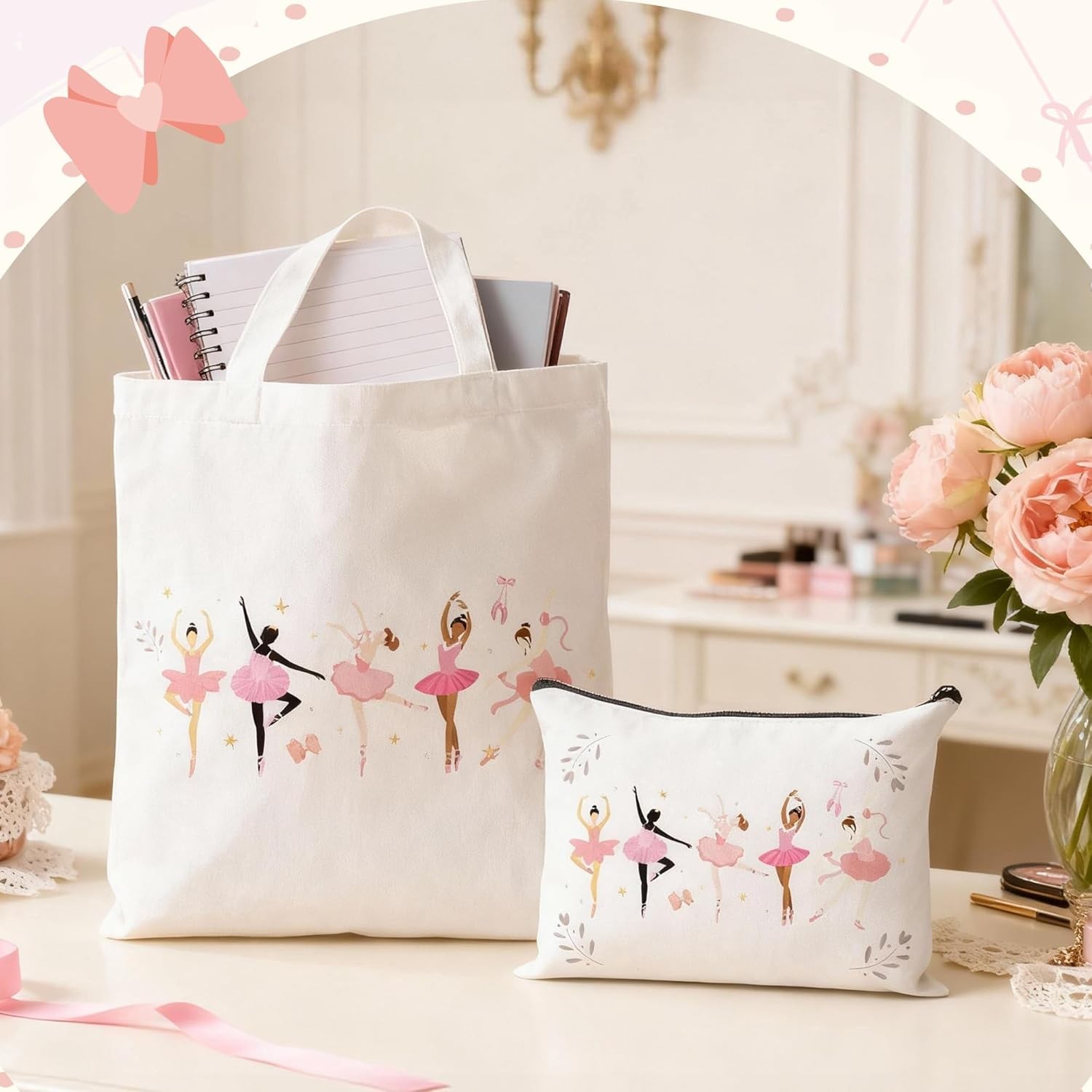 Ballet Canvas Bag Gifts – 2Pcs Ballerina Watercolor Print Canvas Tote Bag Makeup