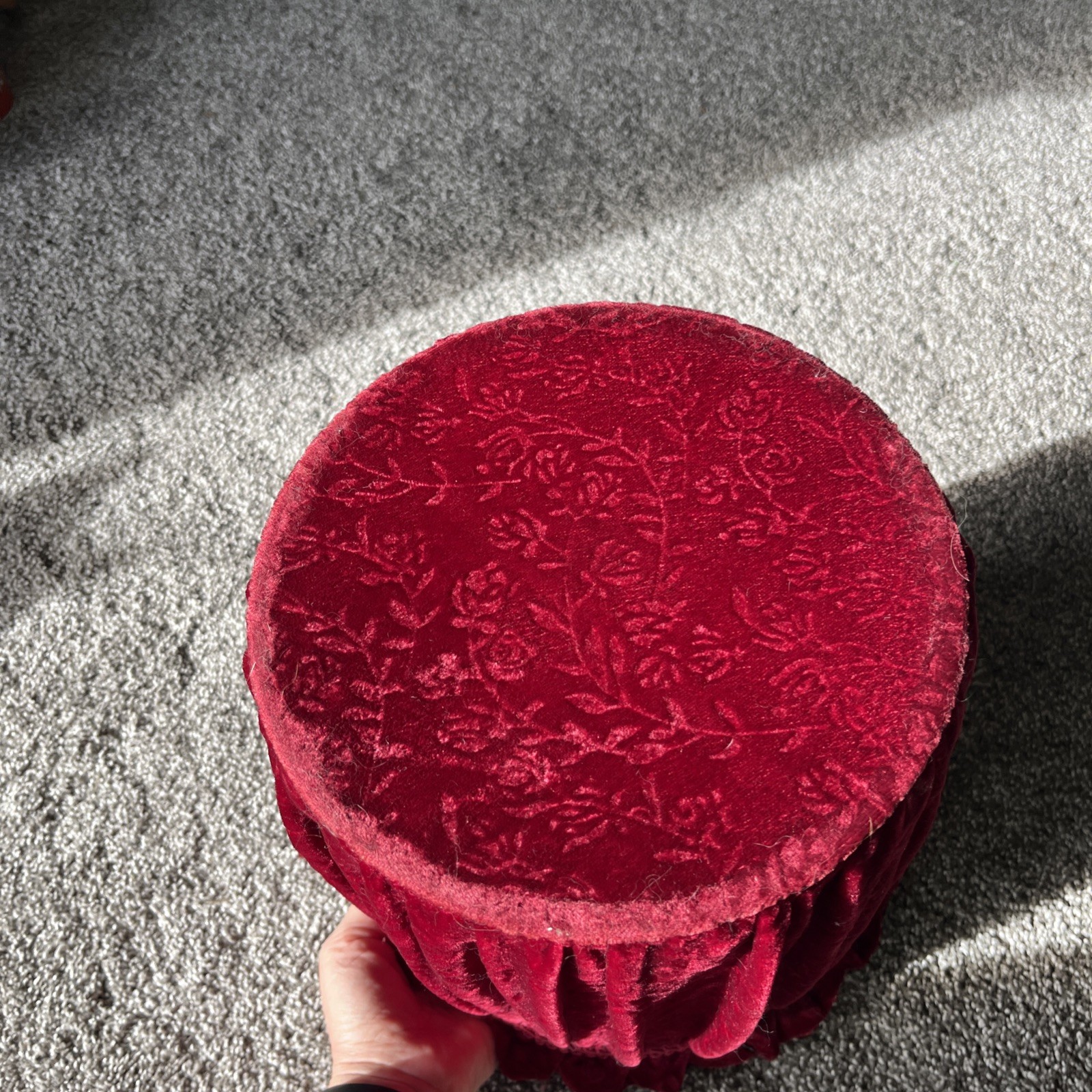 Vintage Burgundy Burnout Velvet Tassel Waste Basket Trash Can w/ Plastic Liner