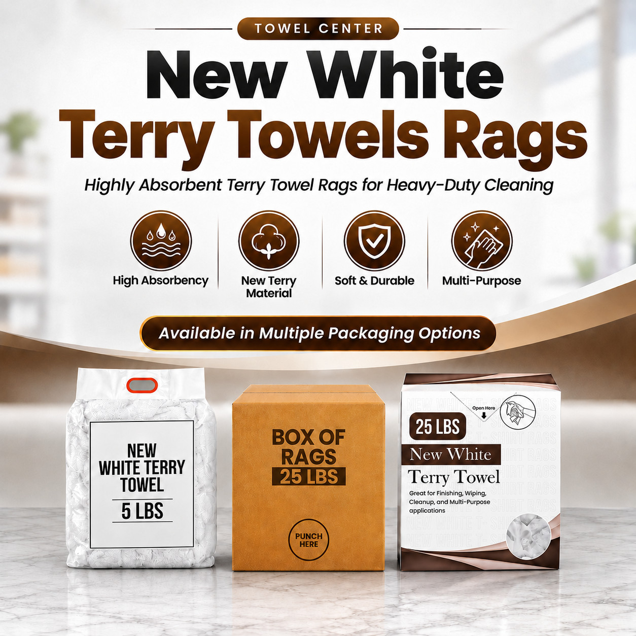 New White Terry Towel Rags Bulk Cotton Absorbent Shop Cleaning Wipers – Boxes