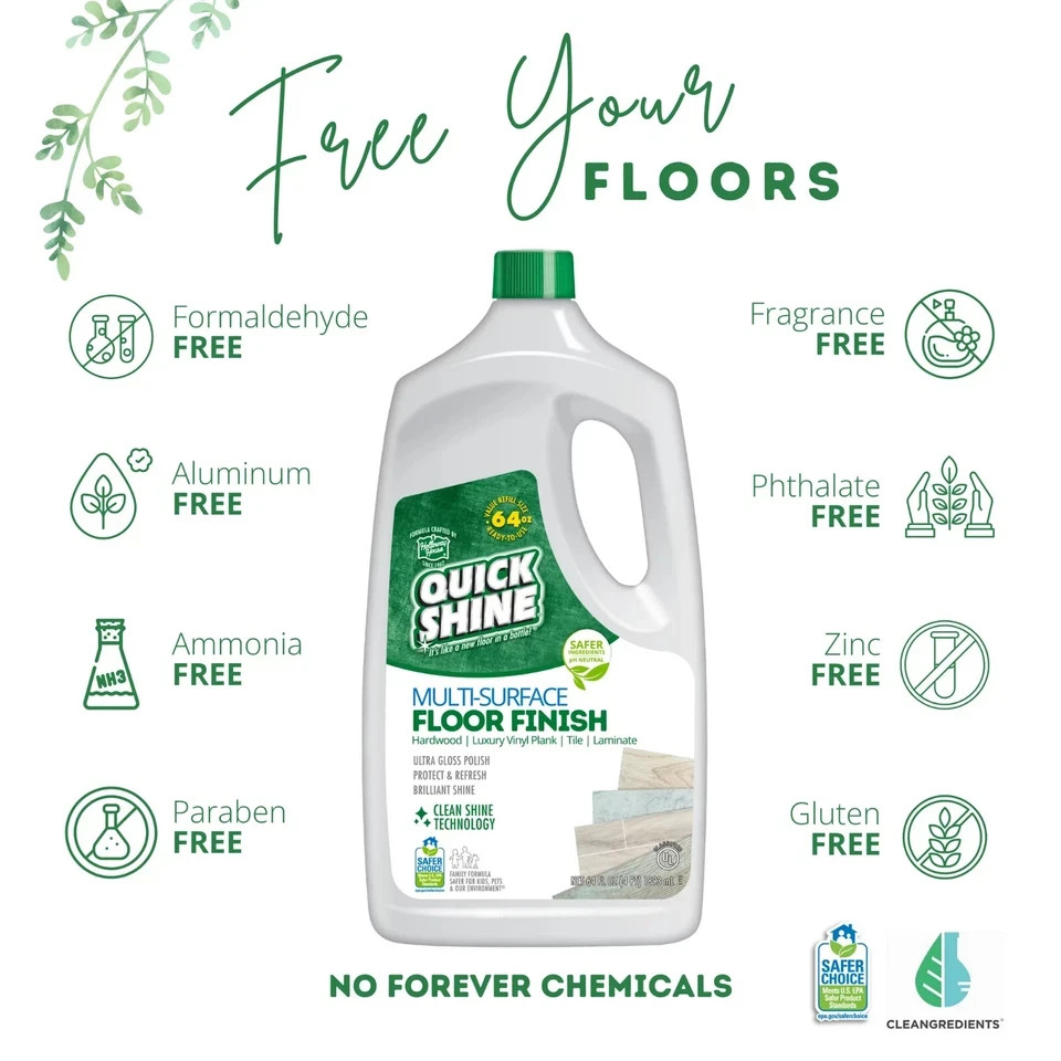 Quick Shine Multi-Surface Floor Finish, Pfas-Free Formula, Floor Polish, 64 Oz