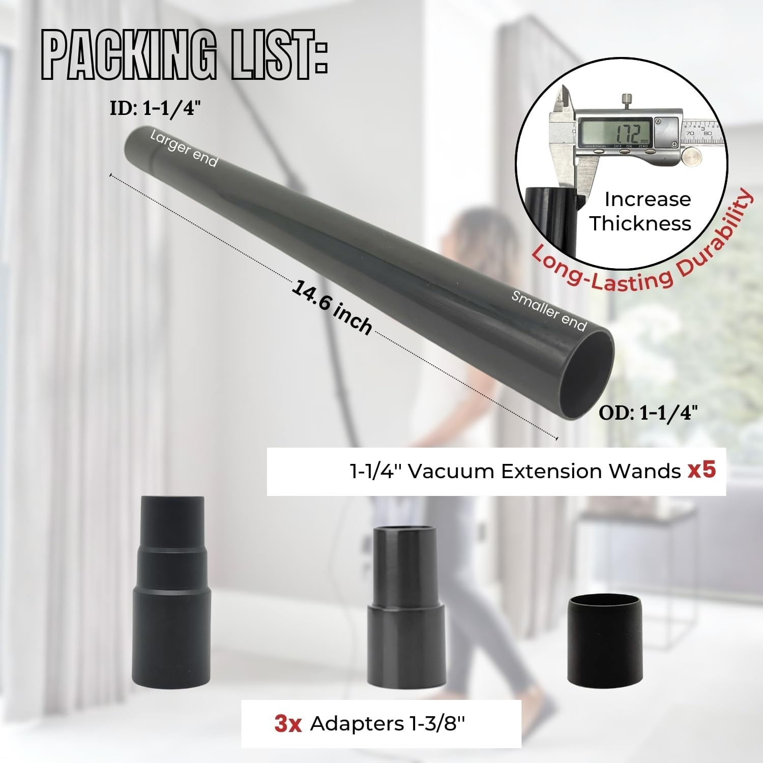5Pack 1.25 Inch Vacuum Extension Wands plus 1-3/8” to 1-1/4” Vacuum Hose