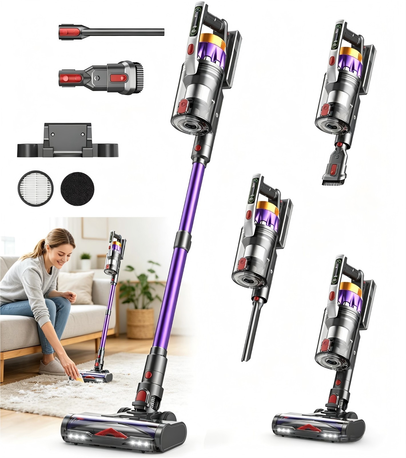 Cordless Vacuum Cleaner 65KPA 70Min Self-Standing Stick 650W for Pet Hair Carpet