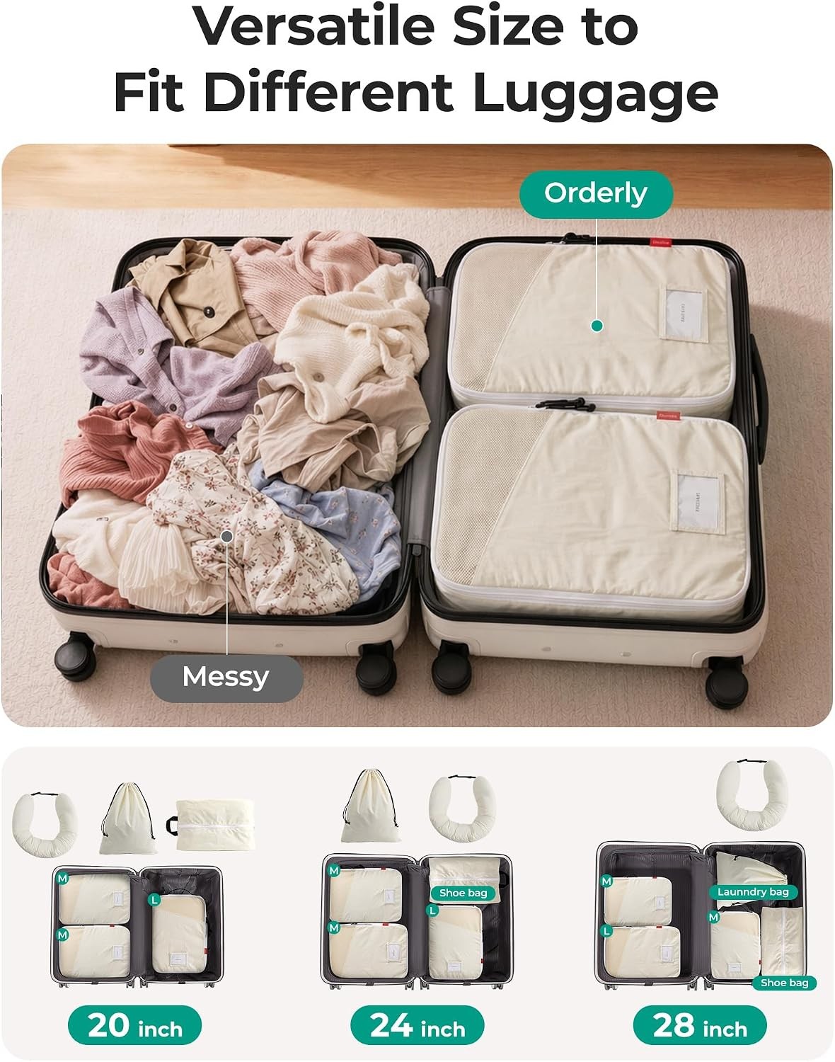 Compression Packing Cubes with Fillable Neck Pillow for Clothes | 1 Wearable