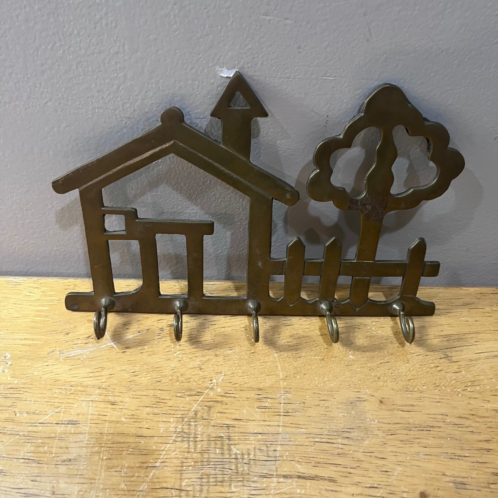 Vtg Solid Brass House Picket Fence Tree Wall Key Rack Hook Organizer 7.75in