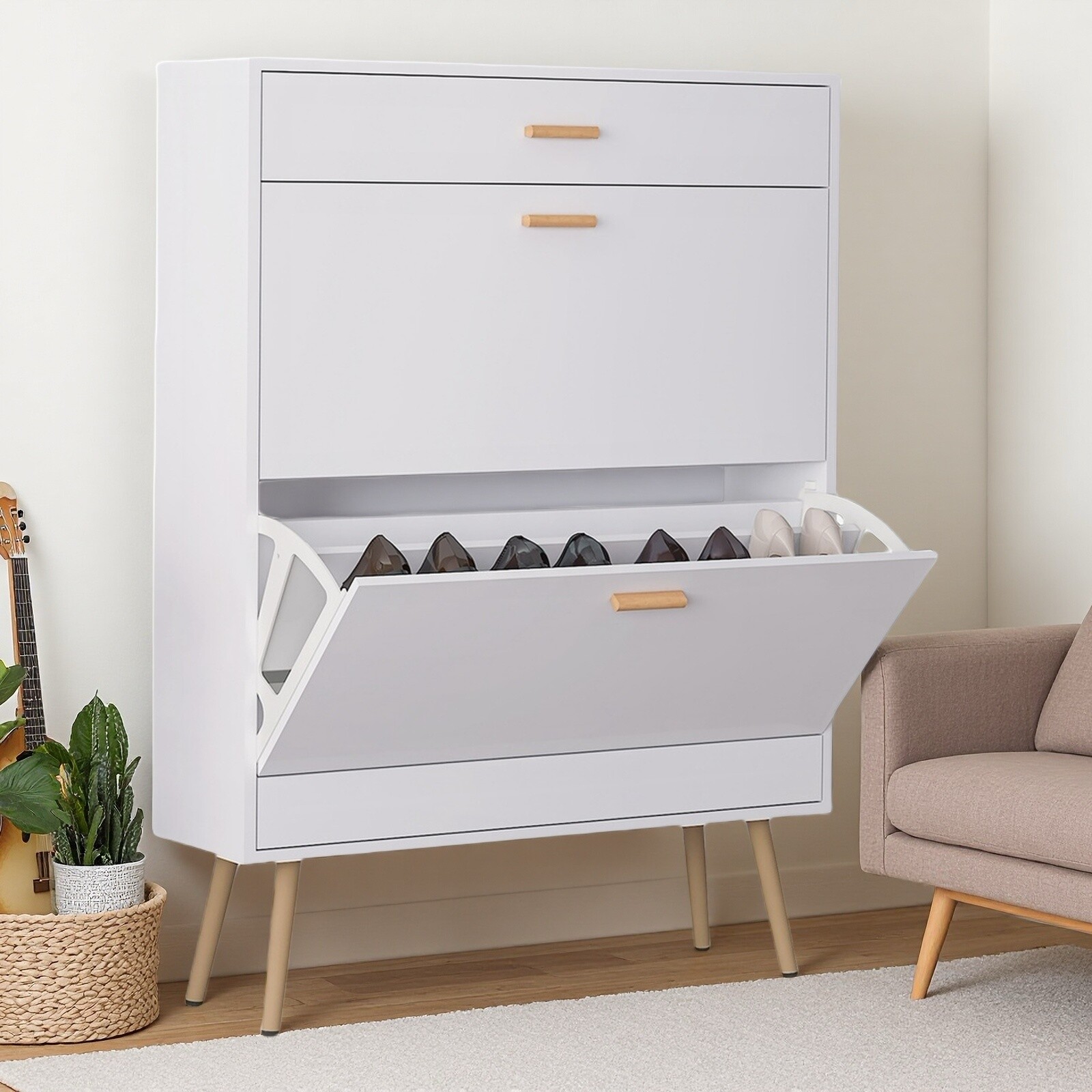 White 2 Flip Drawers Shoe Cabinet, Luxury Shoe Storage & Shoe Rack
