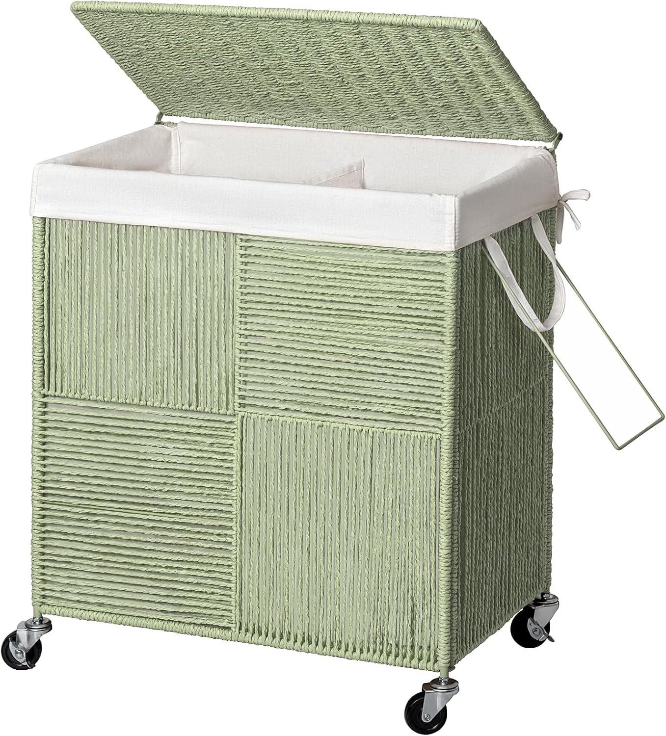 Double Laundry Hamper Lid Handwoven Rolling Laundry Basket W/ Wheels 115L