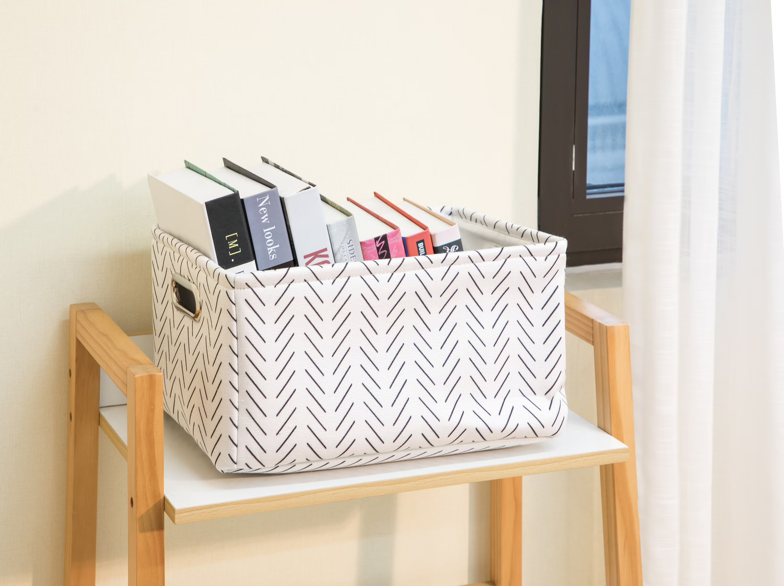 Black and White Lines Canvas Fabric Decorative Storage Basket with Handles, 15