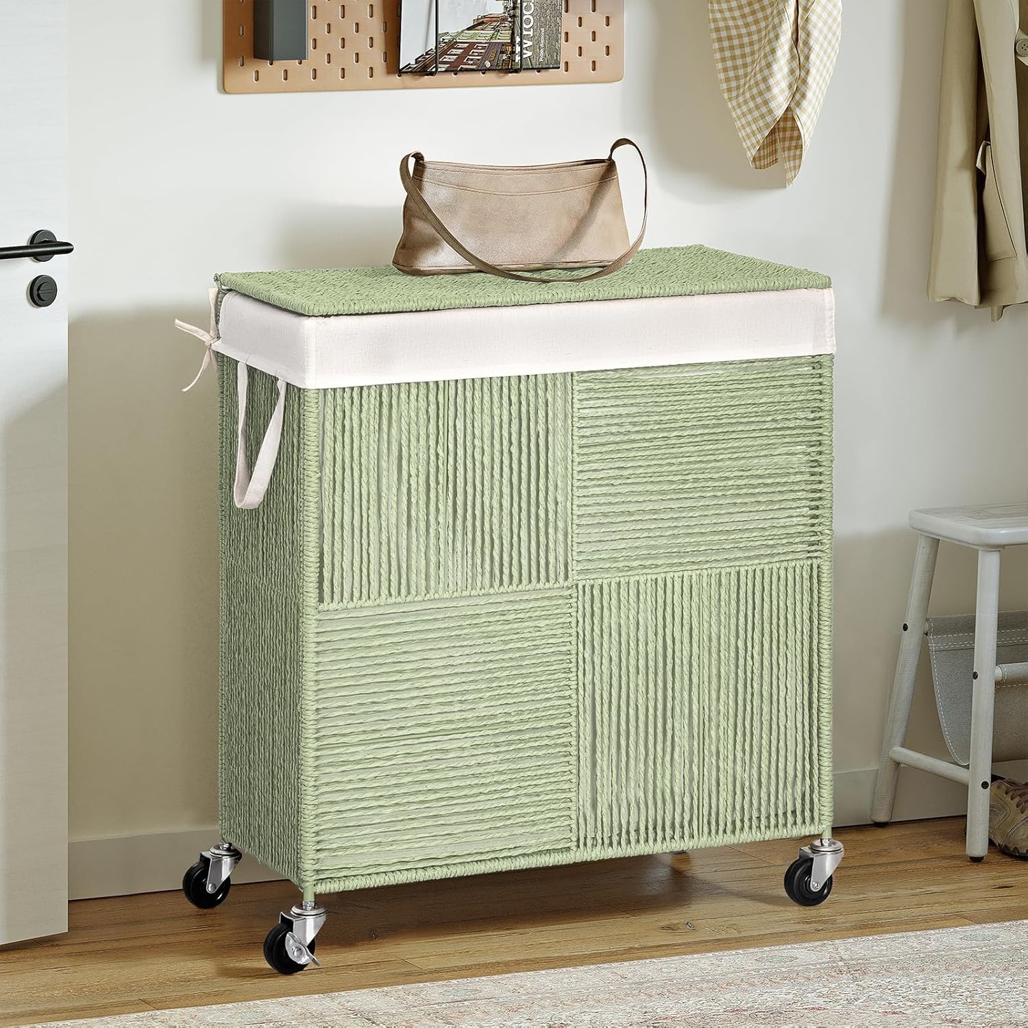 Double Laundry Hamper Lid Handwoven Rolling Laundry Basket W/ Wheels 115L