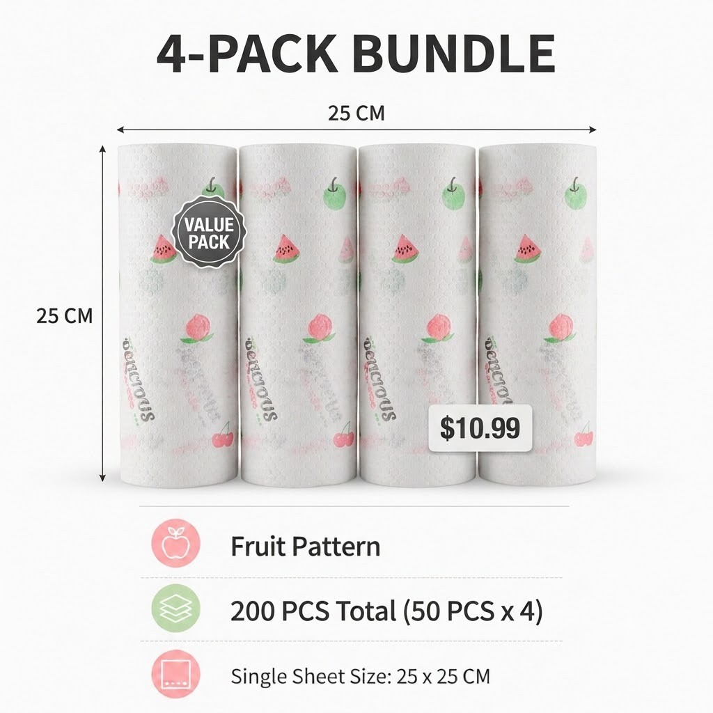 4 Pack Disposable Kitchen Towels Roll 200 Sheets Cleaning Cloths Dry Wet Wipes