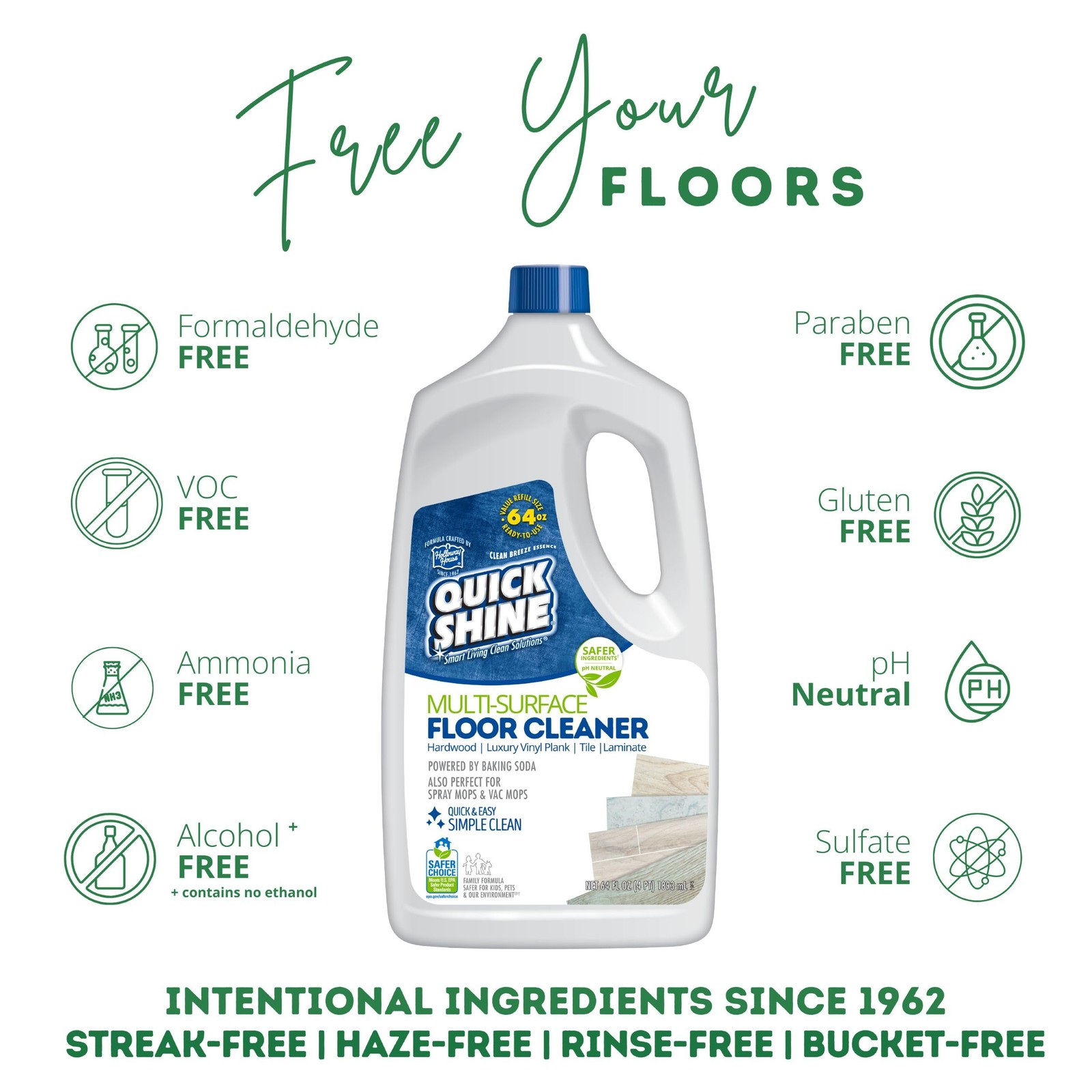 Quick Shine Multi Surface Floor Cleaner 64oz Ready to Use-Streak Free-No Rinse
