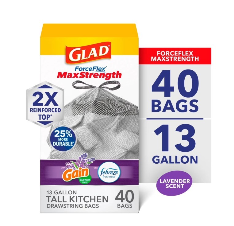 Gain ForceFlex MaxStrength Kitchen Trash Bags 13 Gal Lavender, 40 Ct