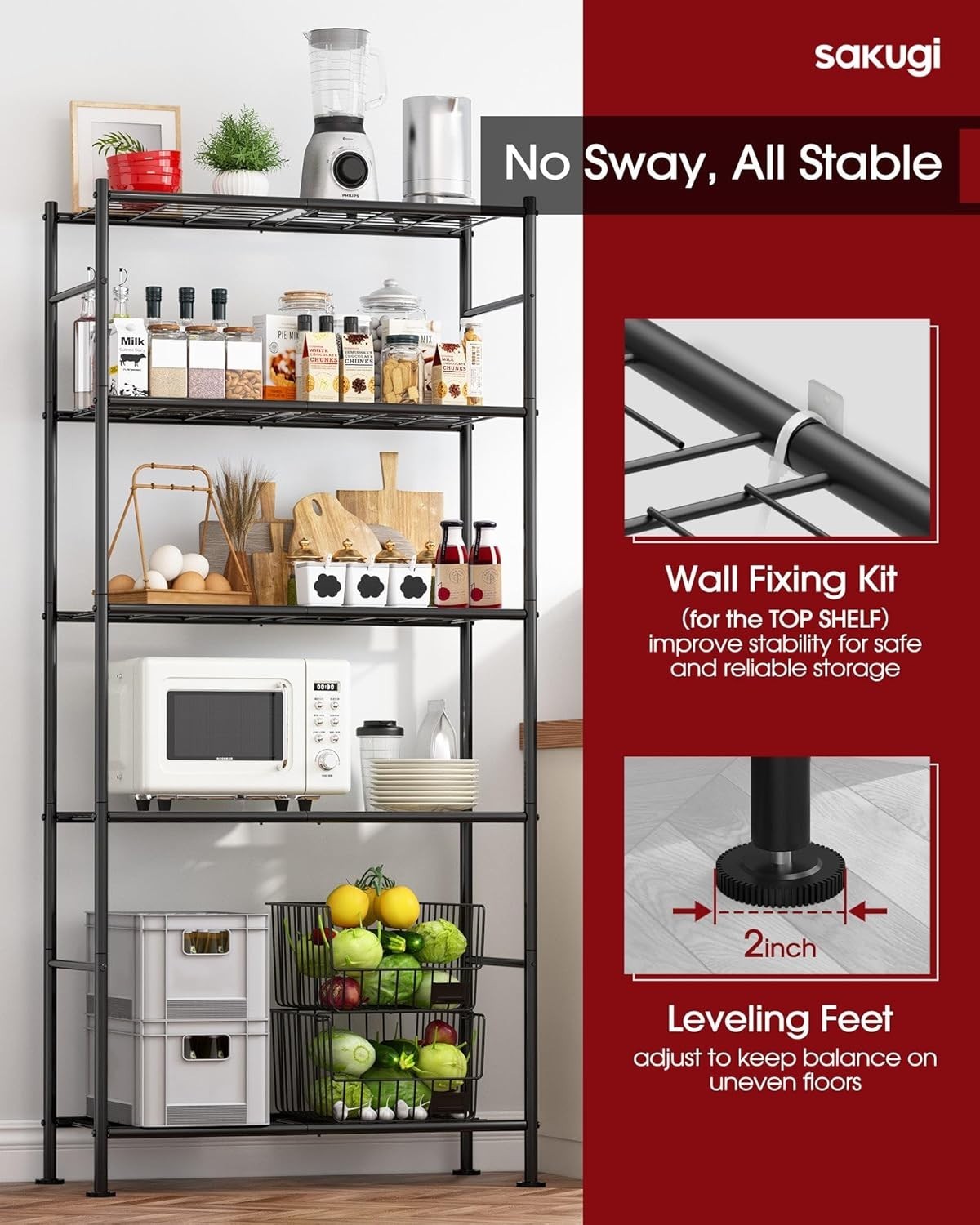 Sakugi Storage Shelves – 5 Tier Shelf Organizer, Heavy Duty Garage Shelving U