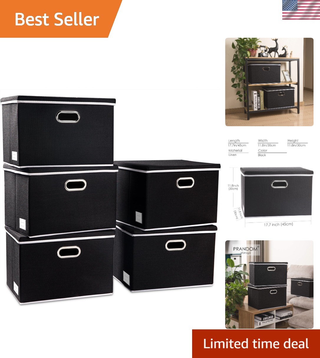 Versatile Large Storage Boxes – 37L Capacity Minimalist Design in Black [5-Pack]