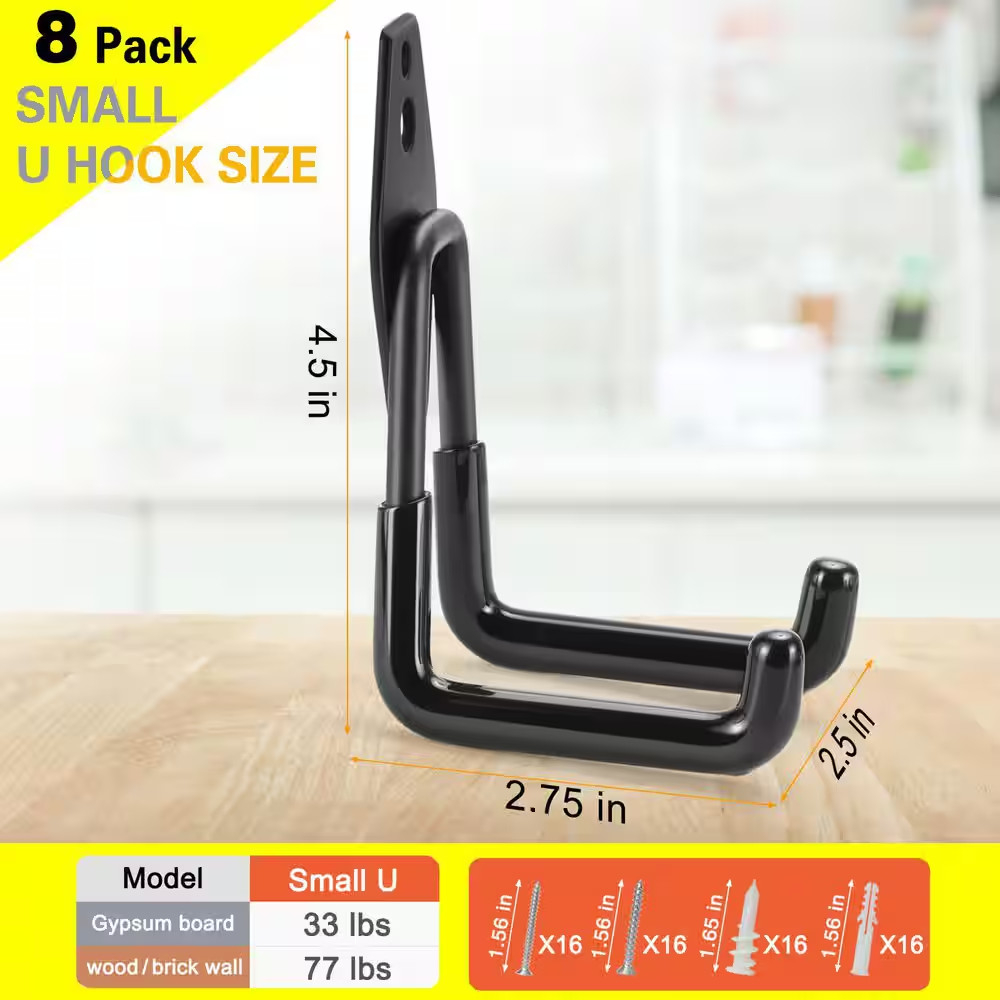 8 Pack 2.75 In. Black Steel Heavy Duty Garage Hooks Wall Rack with Non-Slip PVC