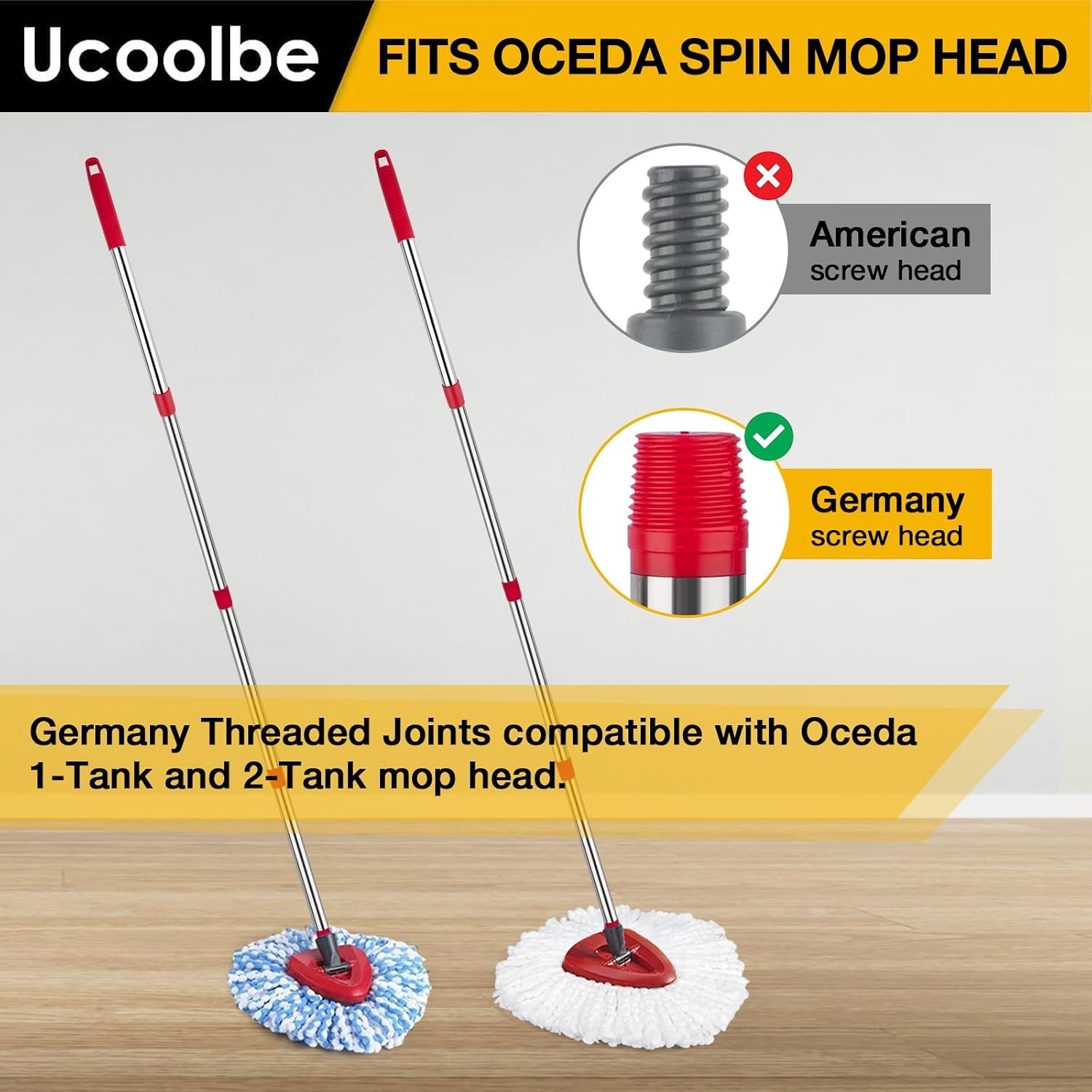Ucoolbe Spin Mop Replacement Handle for O-Cedar, 4-Section 30″ to 58″ Mop Sti