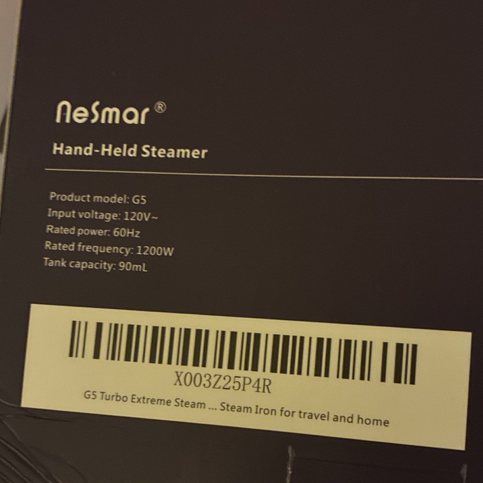 NeSmar G5 Hand-Held Steamer 1200W 120V 90mL Tank for Travel and Home