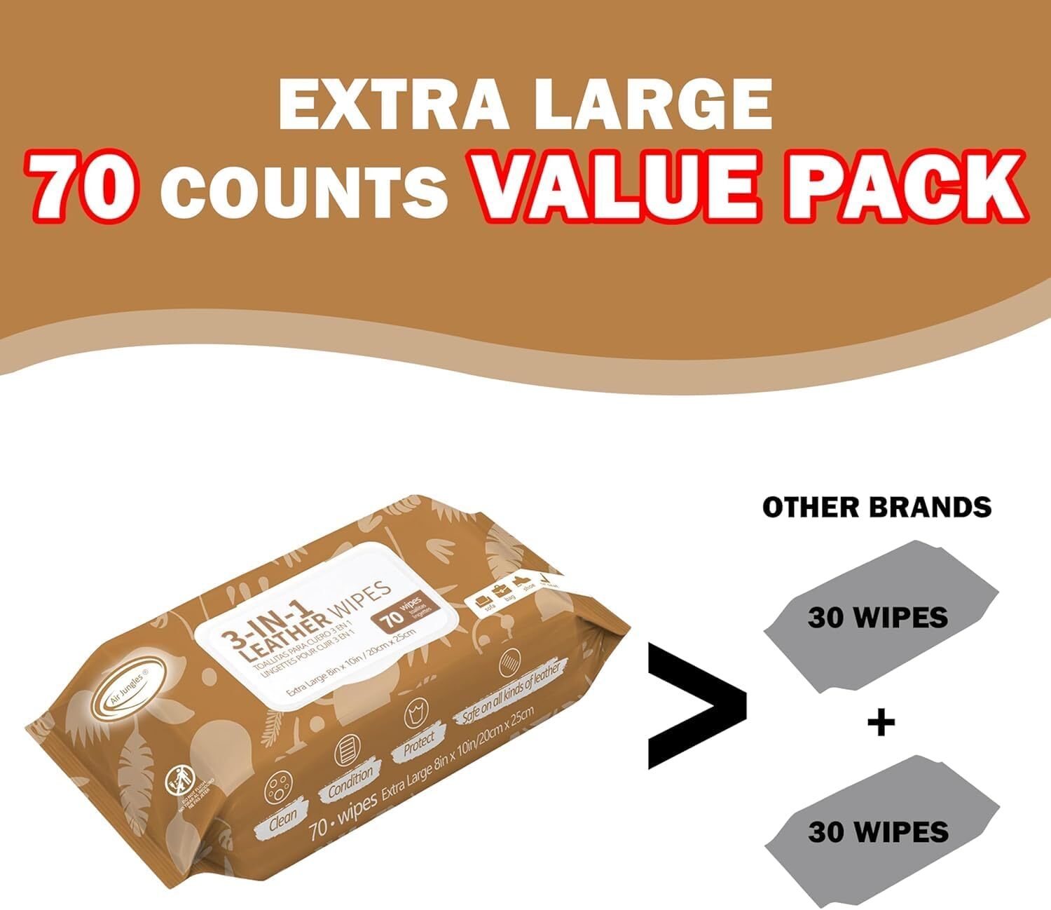 Air Jungles 3in1 Leather Cleaner Wipes 70 Count (Pack of 1)