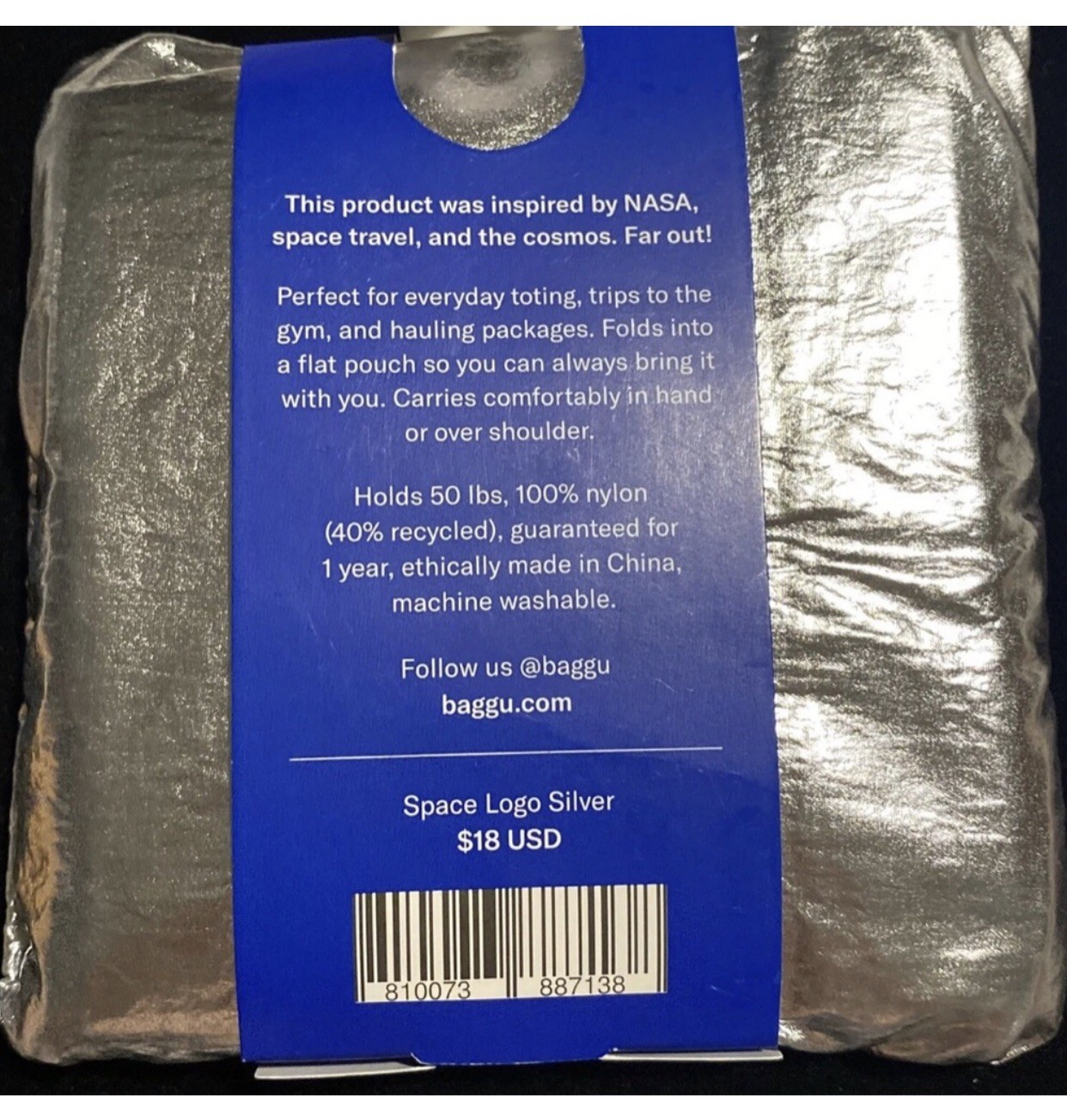 NASA Baggu Reusable Shopping Bag RARE Space Travel Metallic NEW Standard Size