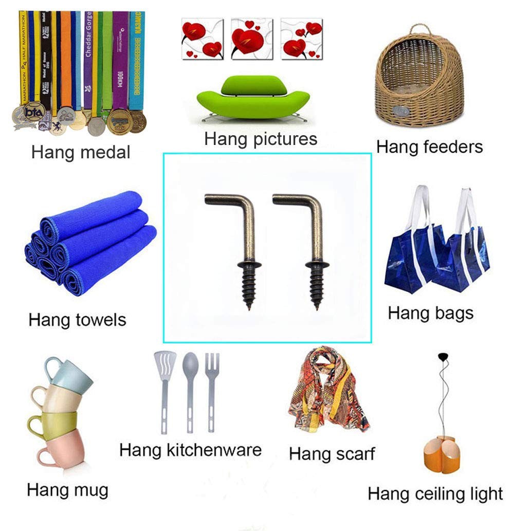 IDEALSV 100 Pcs Small Screw in Hooks – 5/8″ L Shape & Right Angle Bronze Hooks