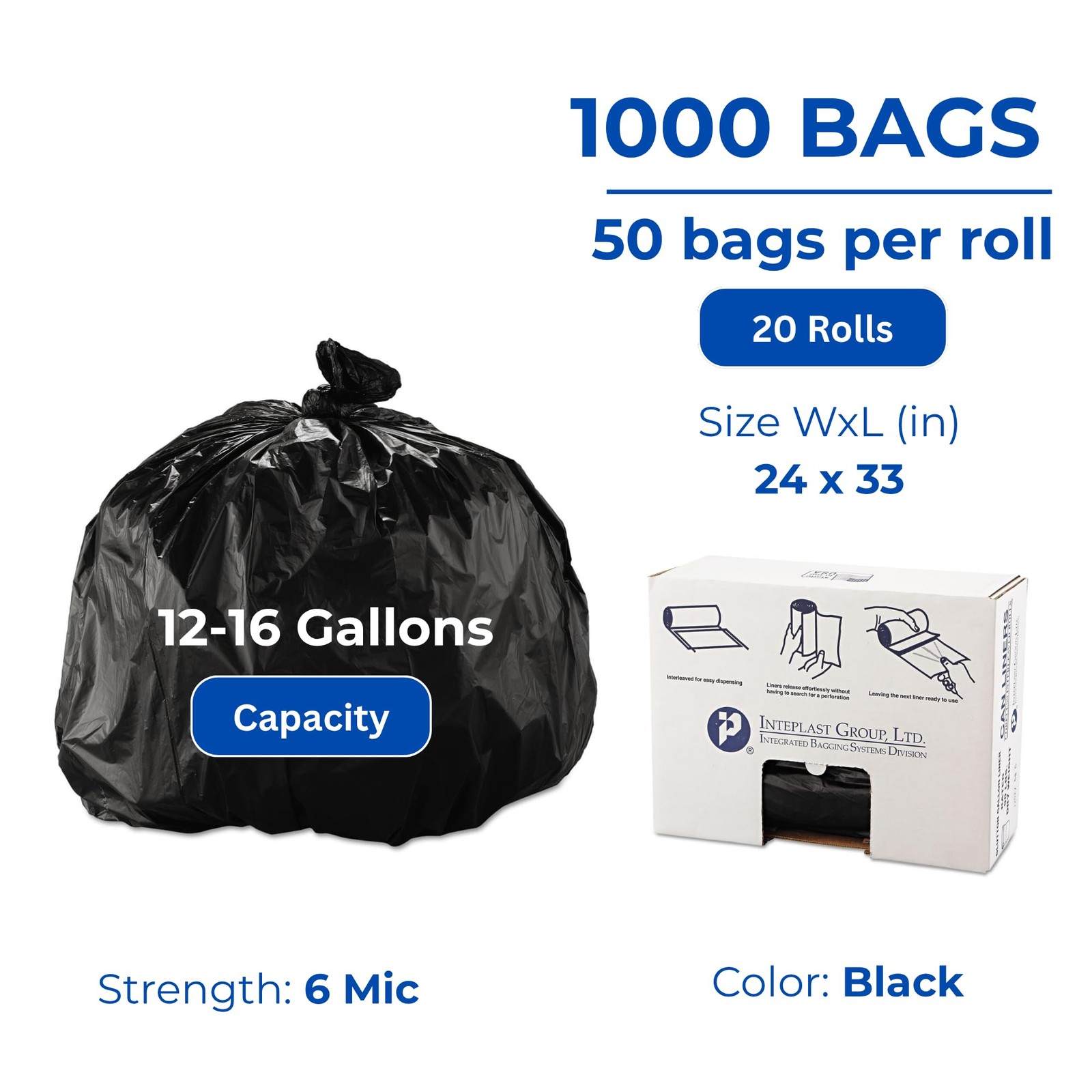 Inteplast Group High-Density Commercial Can Liners, 16 Gal, 6 Microns, 24 X 33,