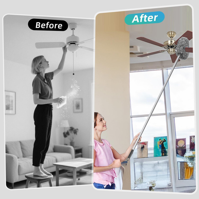 Ceiling Fan Cleaner Duster Reusable Microfiber With 13-48” Extension Pole Grey