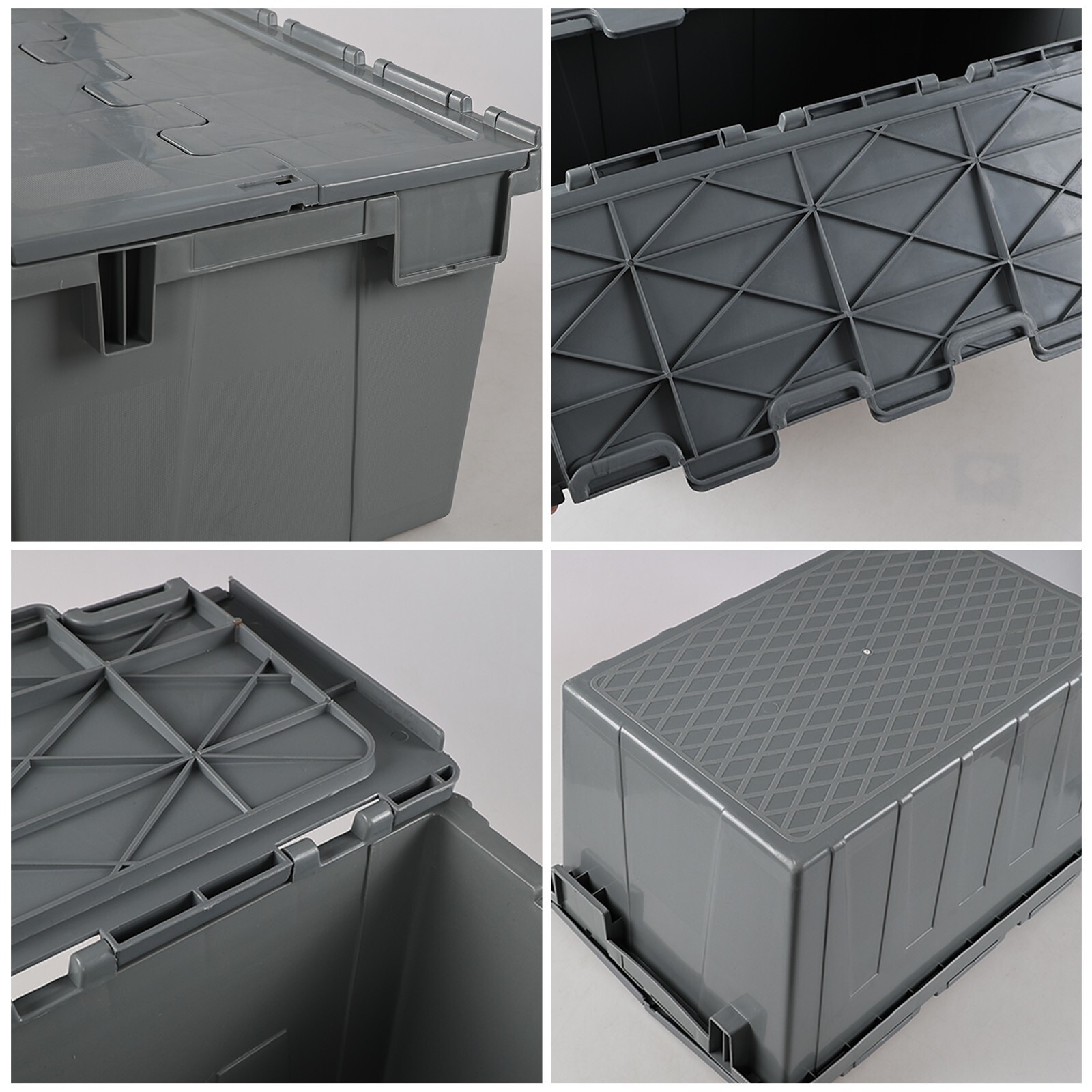 Cand 15 Gallon Plastic Industrial Storage Tote with Hinged Attached Lid, 4 Packs