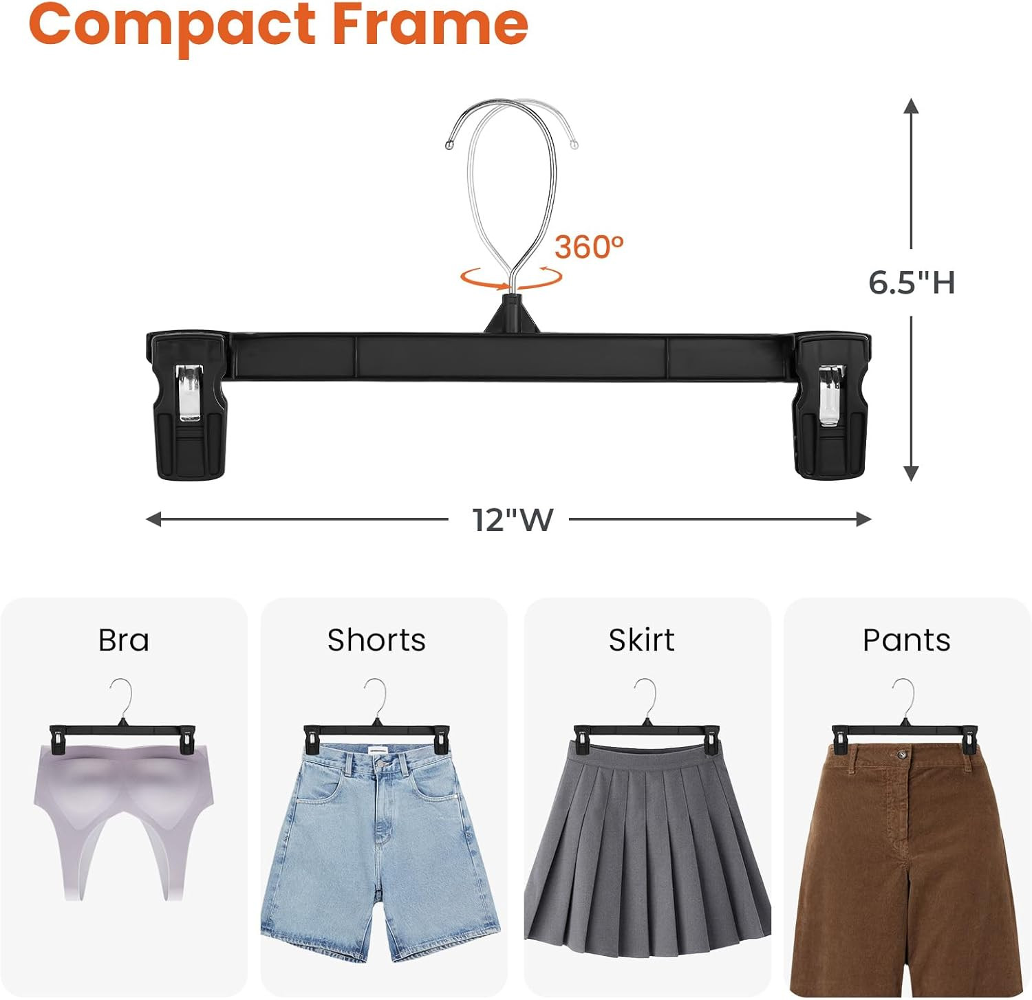 Black Pants Hangers 50 Pack, 12 Inch Skirt Hangers with Non-Slip Big Clips and 3